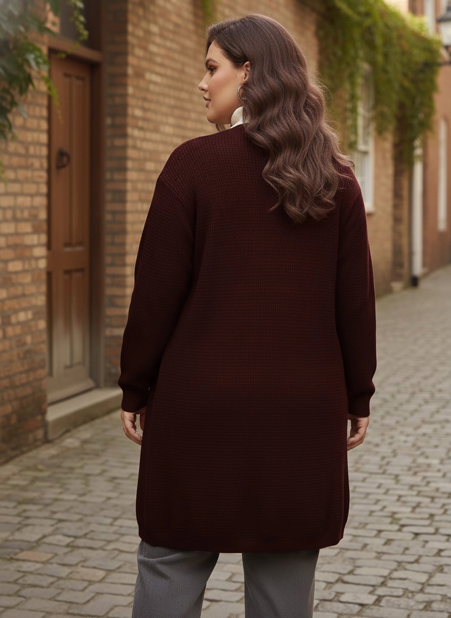 Berrylush Curve Women Solid Maroon Open-Front Acrylic Straight Hem Knitted Longline Cardigan