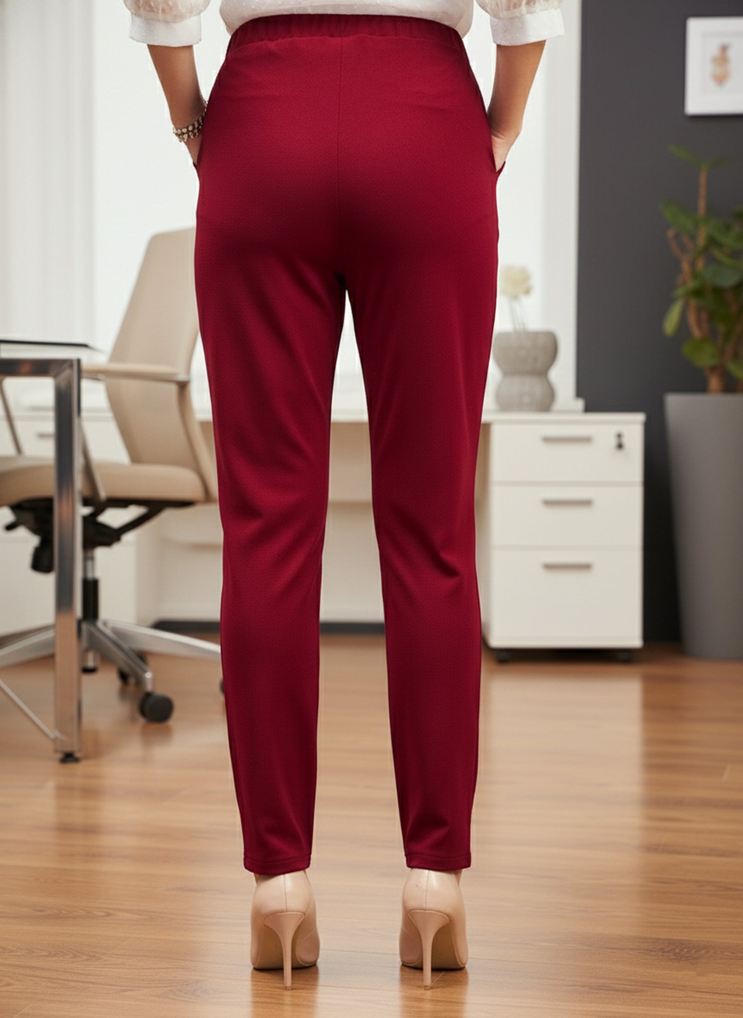 Berrylush BIZwear Women Solid Maroon High-Rise Waist Tie-Up Skinny-Fit Two-Pocket Knitted Regular Pants