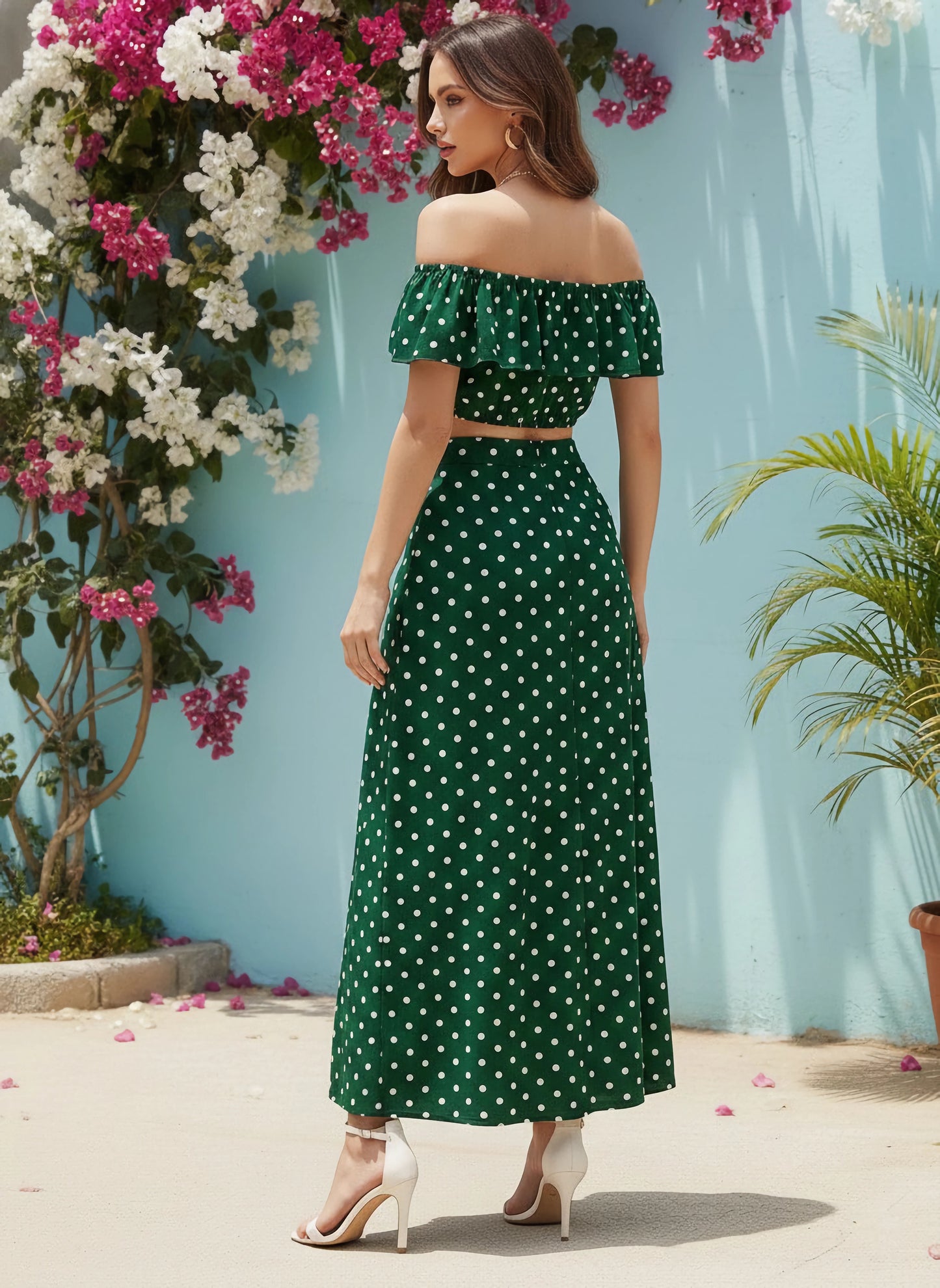 Berrylush Women Green & White Polka Dot Printed Off-Shoulder Co-Ordinate Maxi Dress