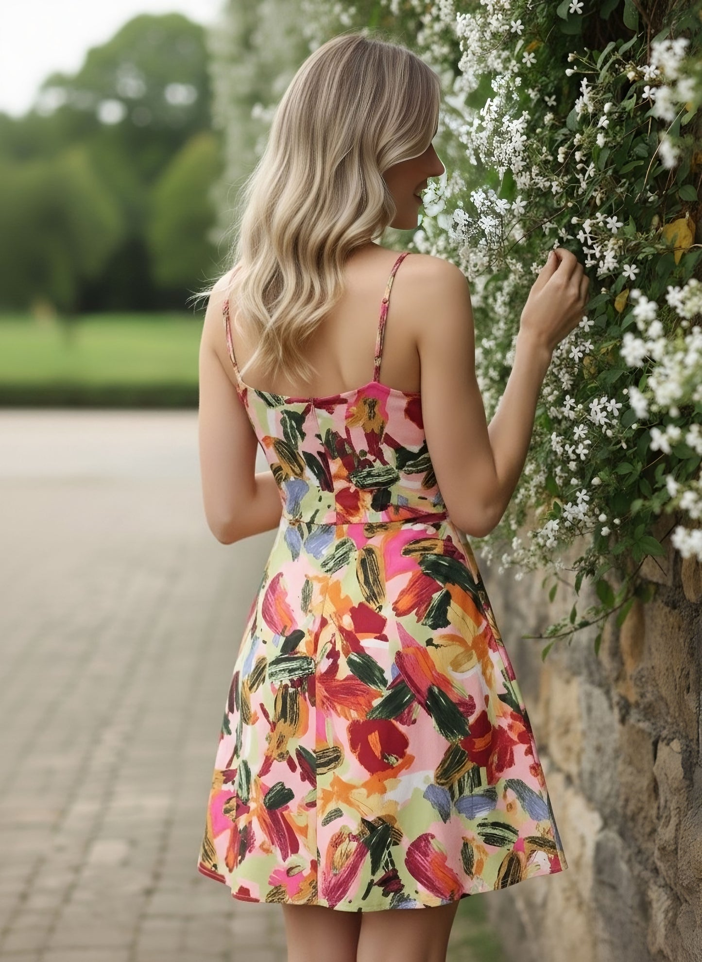 Berrylush Women Pink & Multicoloured Abstract Printed Square Neck Crepe Fit & Flare Mini Dress