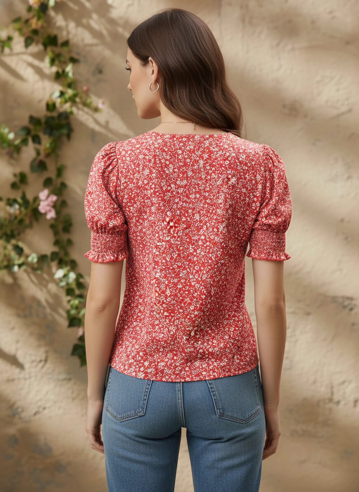 Berrylush Women Red & White Ditsy Floral Printed V-Neck Front Button-Up Crepe Smocked Top