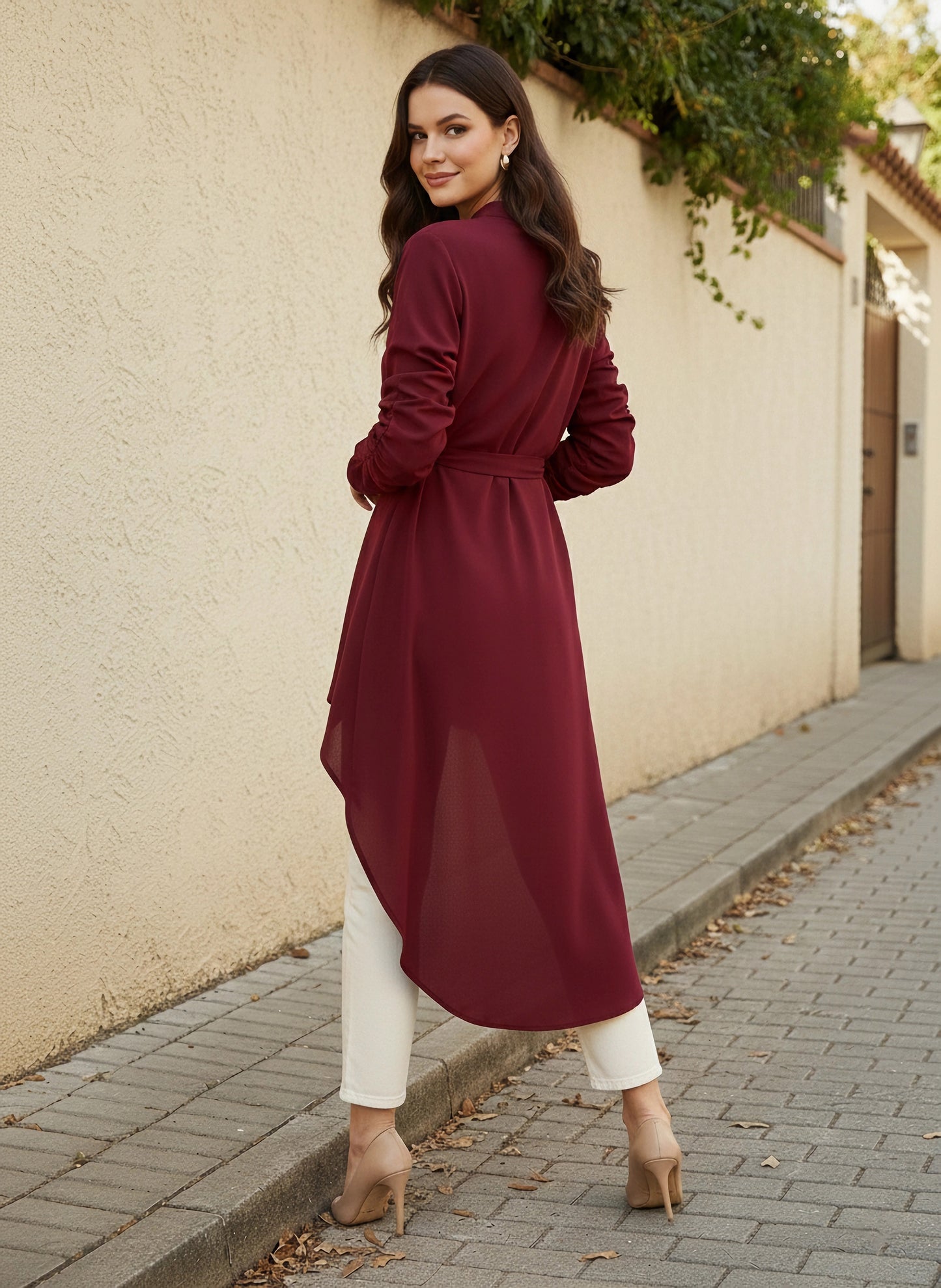 Solid Maroon Stand Collar Neck Bishop Sleeves Tie-Up Waist Front Button-Up High-Low Hem Pleated Longline Top