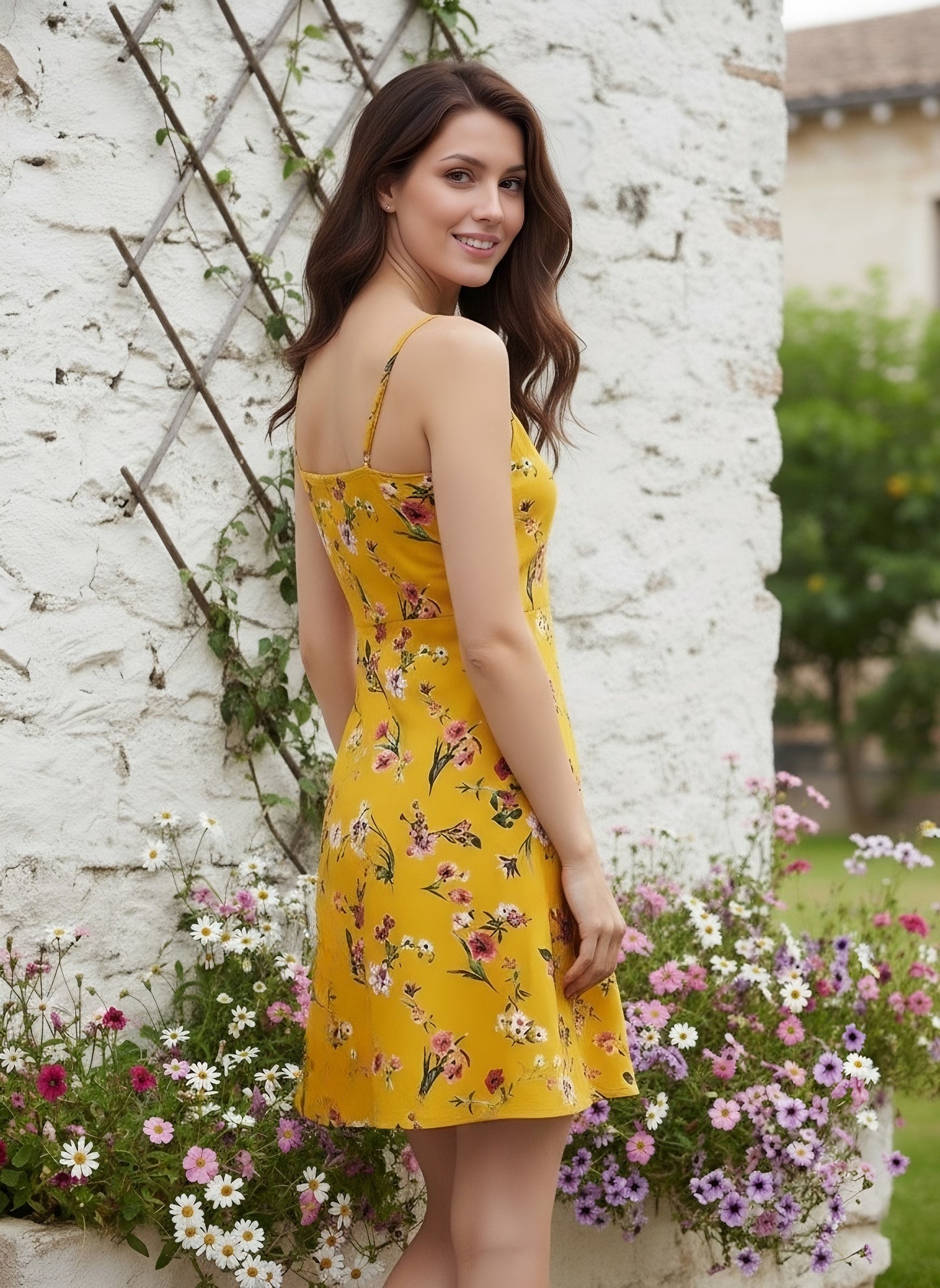 Berrylush Women Yellow & Red Floral Printed Square Neck Fit & Flare Mini Dress