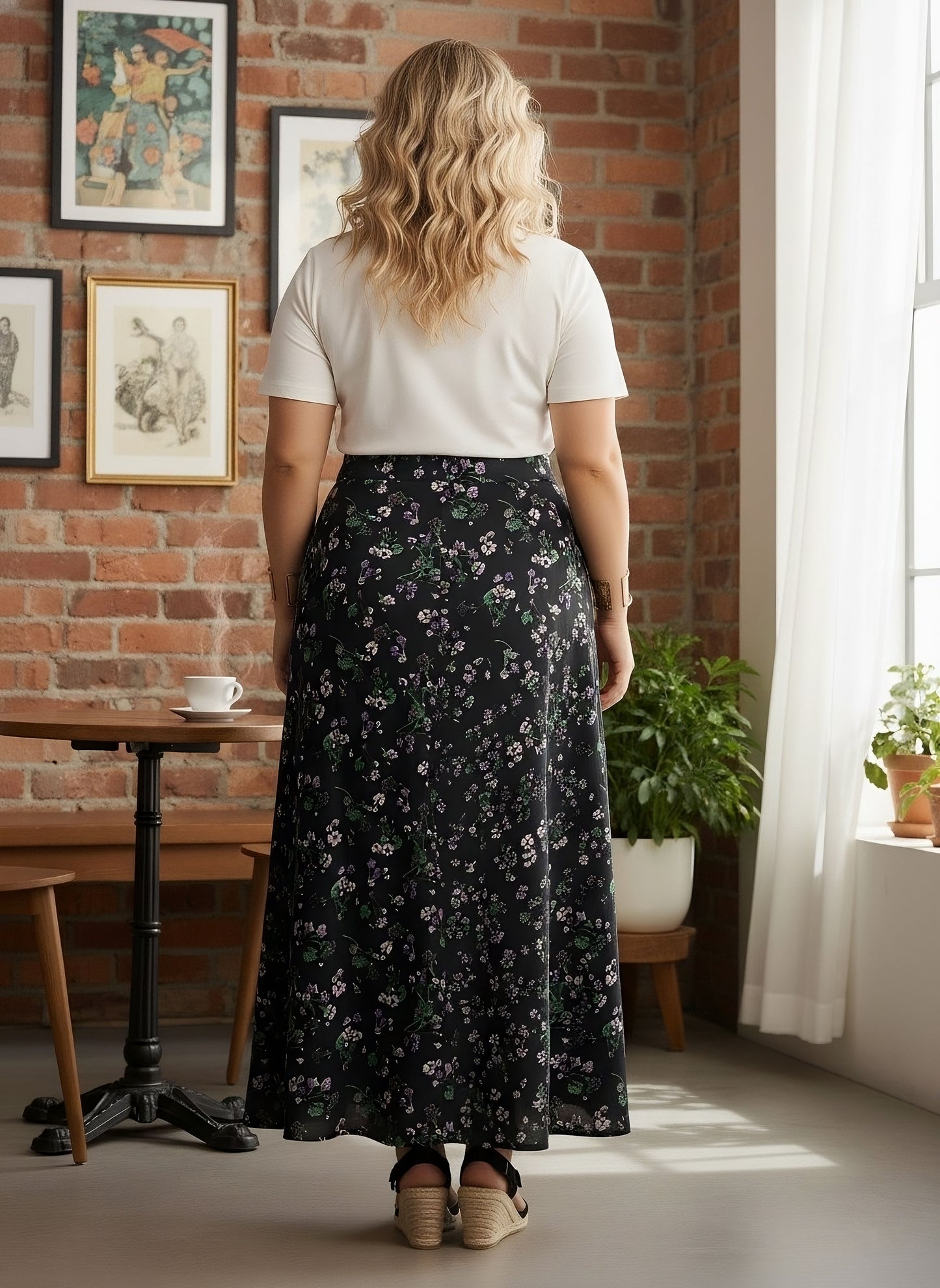 Berrylush Curve Women Black, Purple, & Green Floral Printed High-Rise Waist Thigh-High Slit Straight Hem A-Line Maxi Skirt