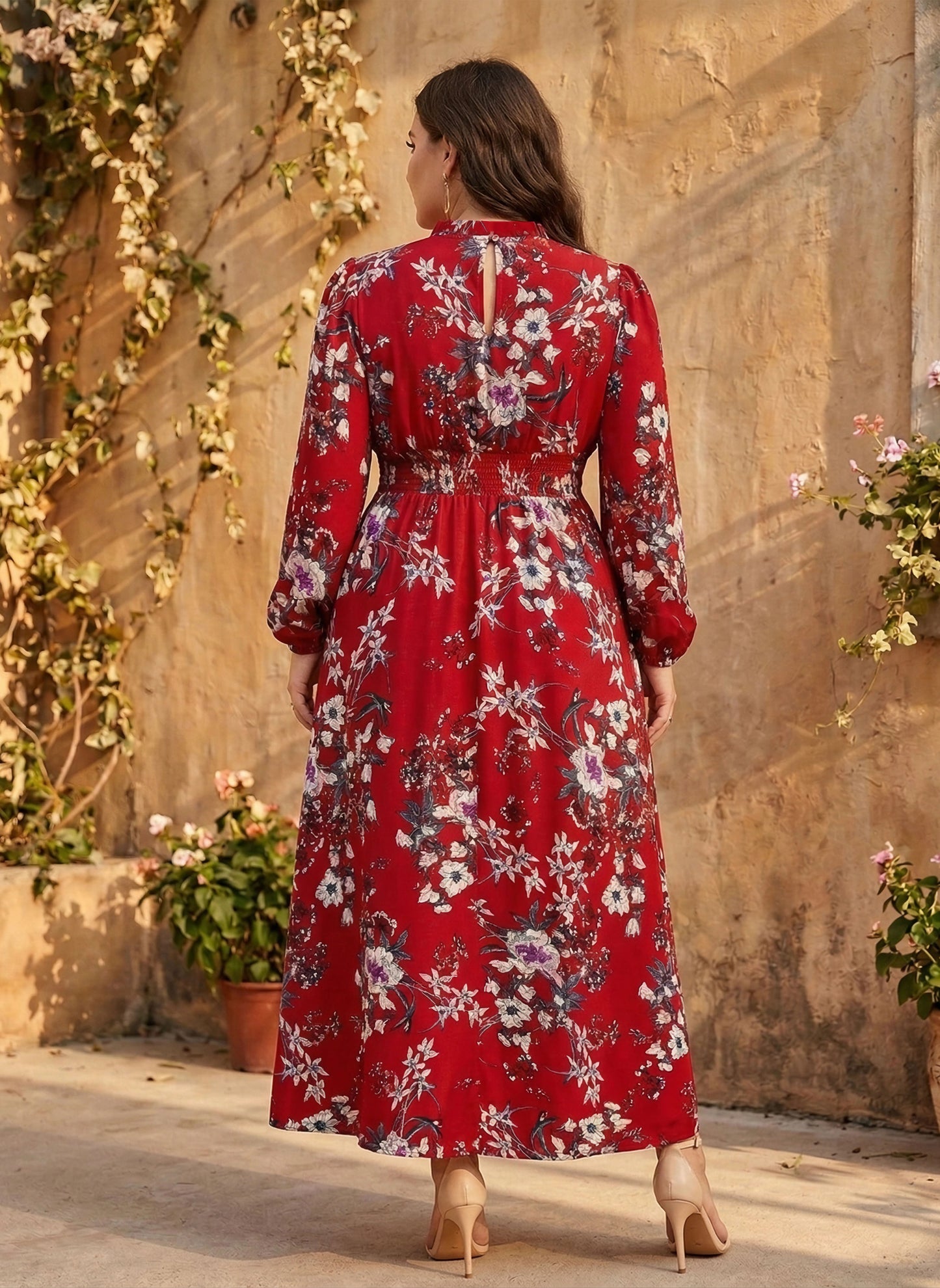 Berrylush Women Plus Size Red & White Floral Printed Mock Neck Smocked A-Line Maxi Dress