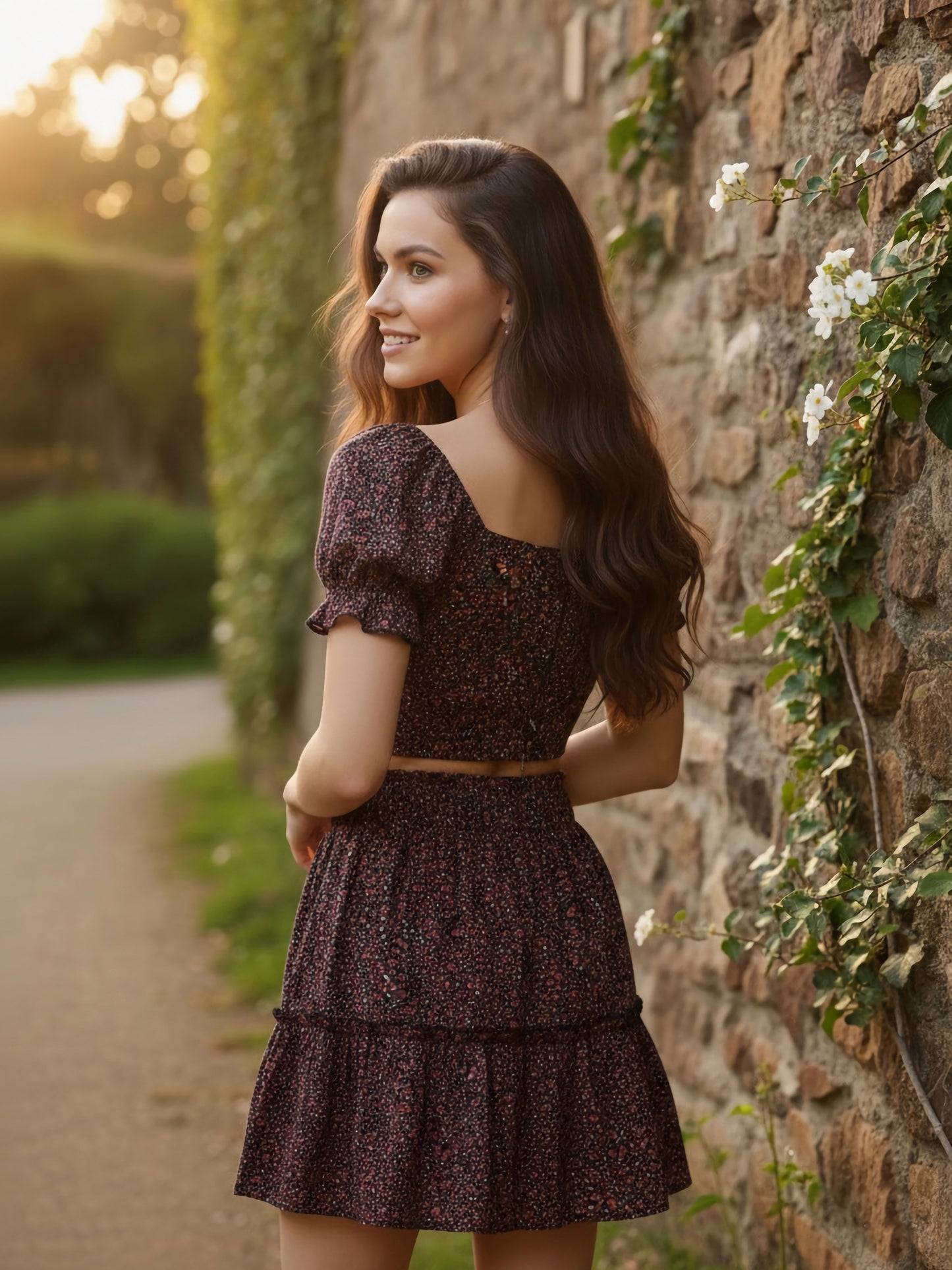 Berrylush Women Black Floral Printed Sweetheart Co-Ordinate Dress