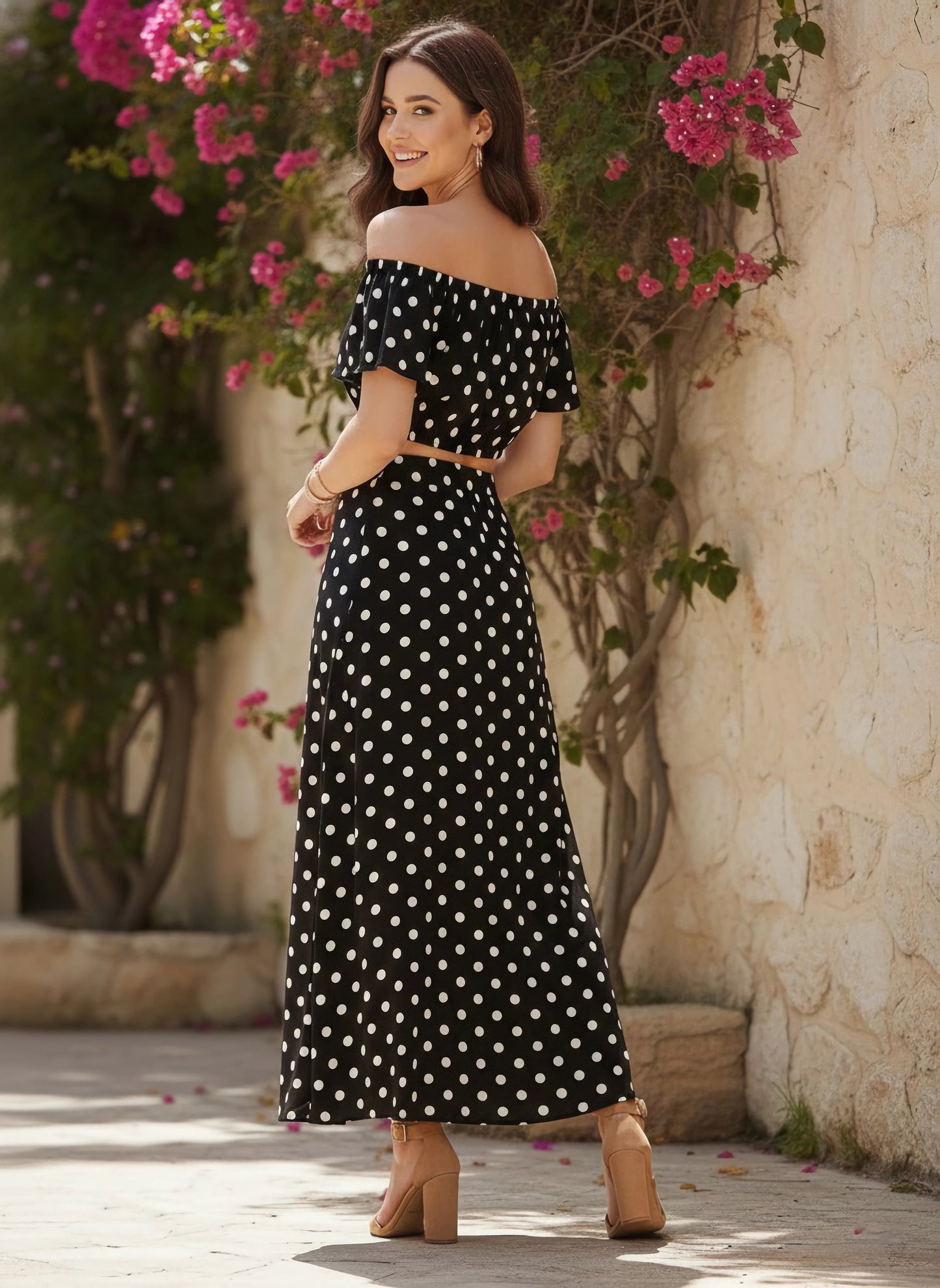 Berrylush Women Black & White Polka Dot Printed Off-Shoulder Co-Ordinate Maxi Dress