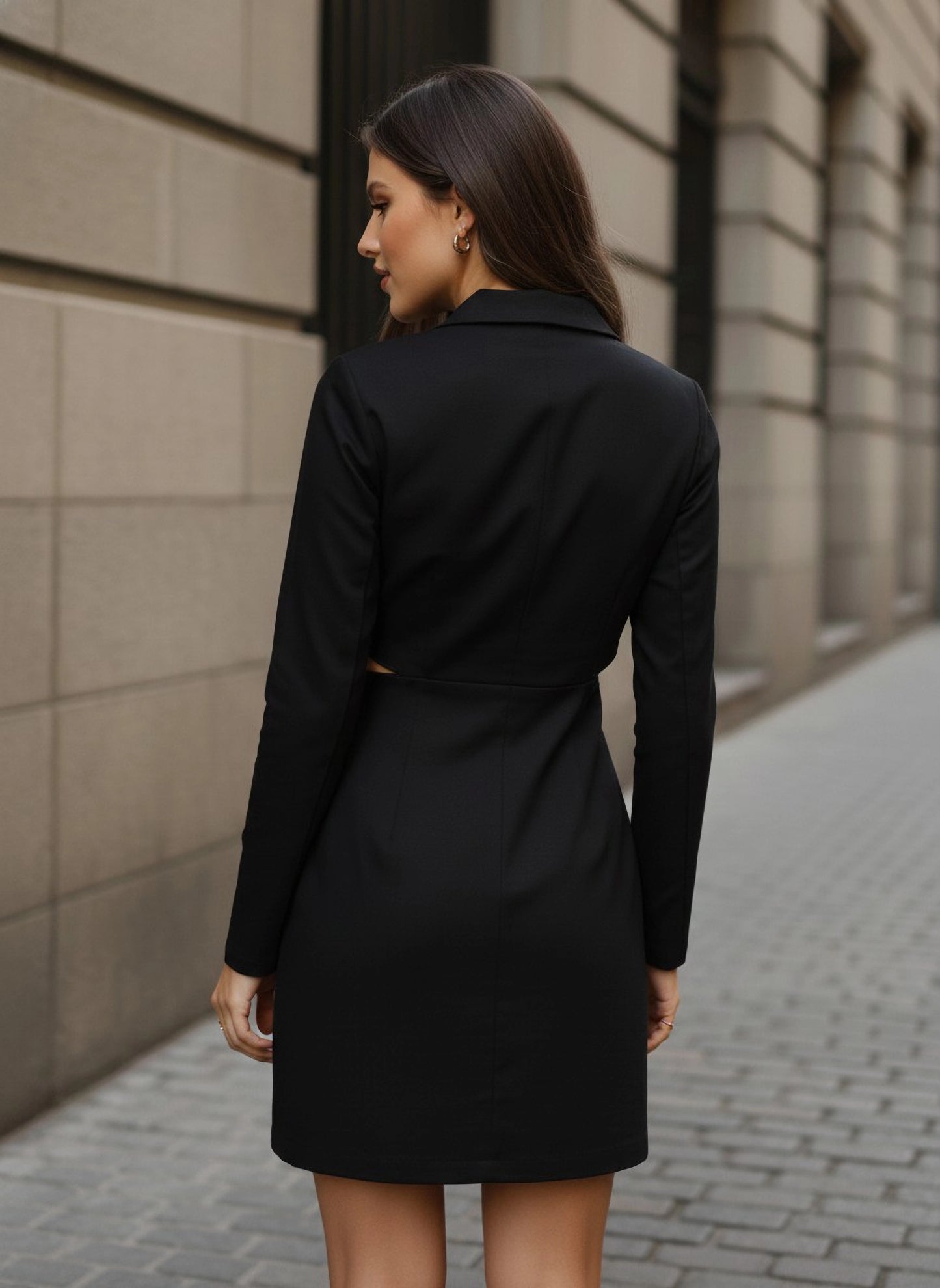 Berrylush Women Solid Black V-Neck Cutout Cotton Straight Hem Mini Blazer Dress