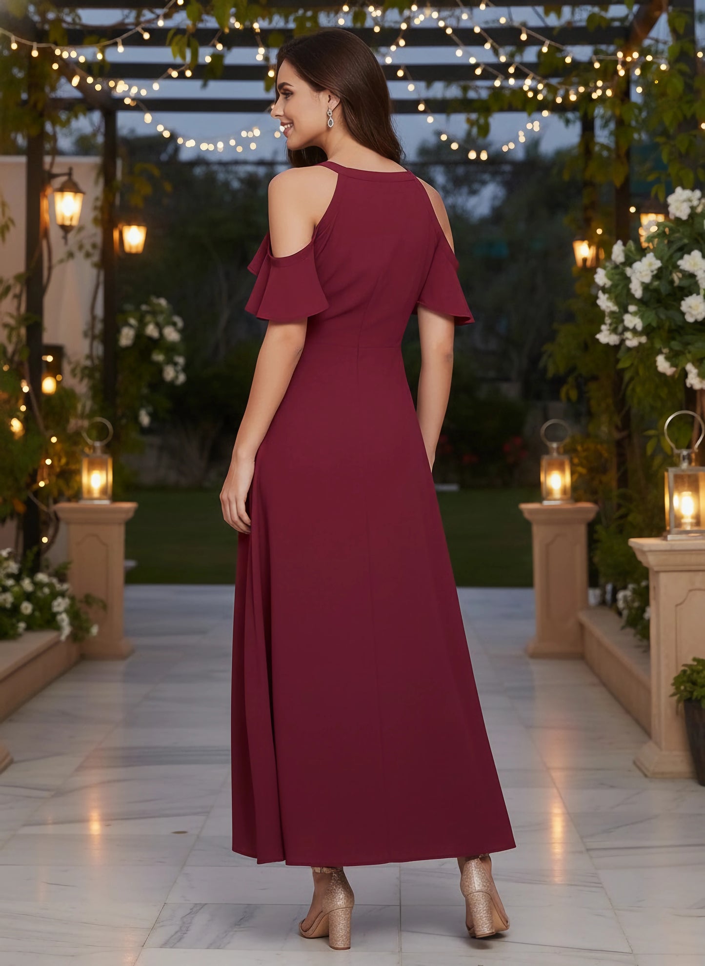 Berrylush Women Solid Maroon V-Neck Cold-Shoulder Maxi Dress