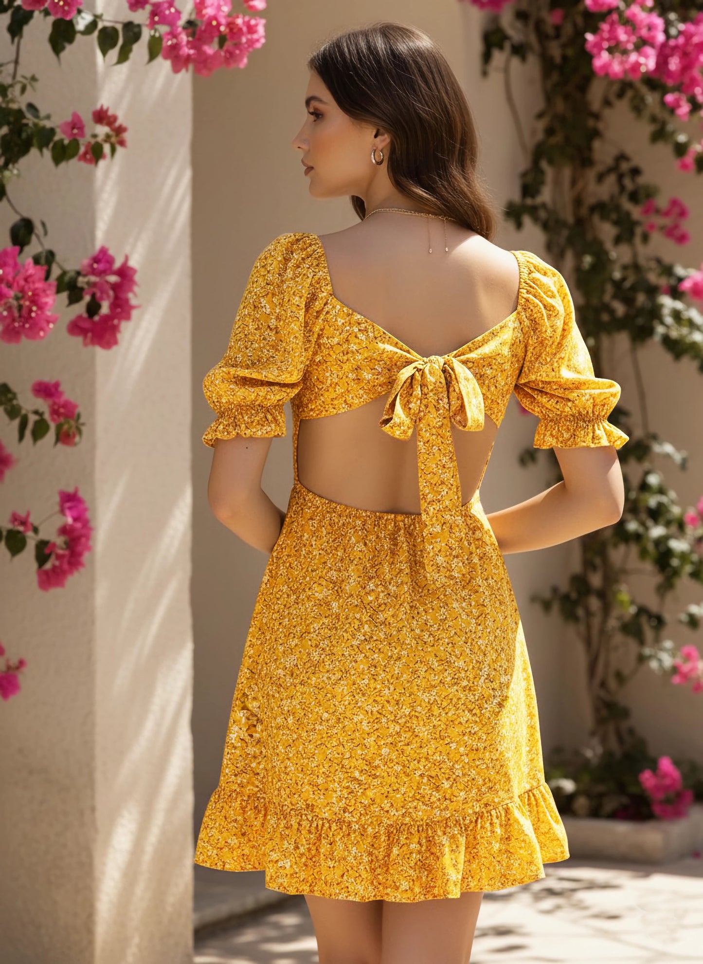 Berrylush Women Yellow Floral Printed Square Neck Back Cutout Tie-Up Flounce Hem Smocked A-Line Mini Dress