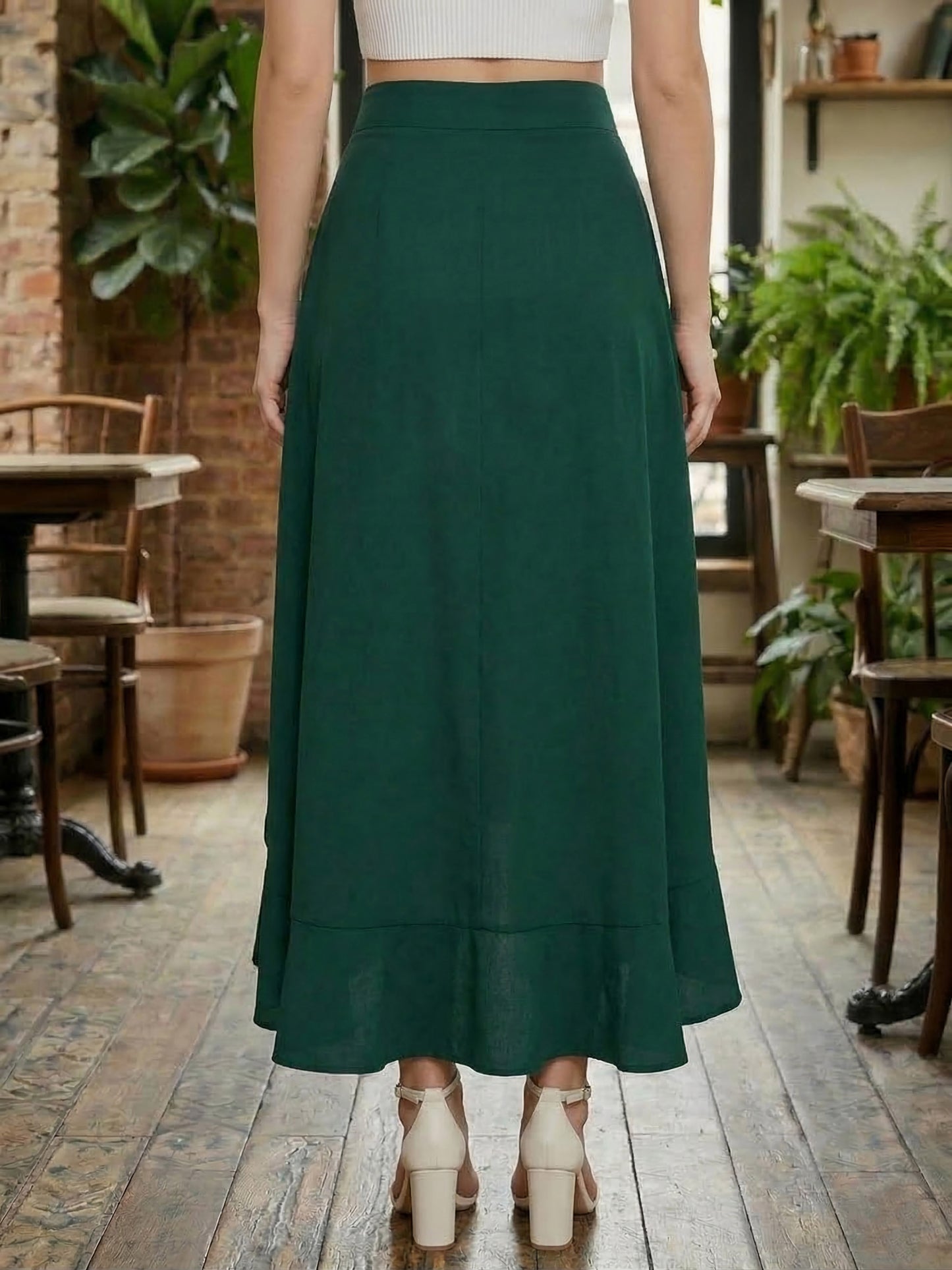 Berrylush Women Solid Green Waist Tie-Up Ruffled Maxi Skirt with Attached Trousers