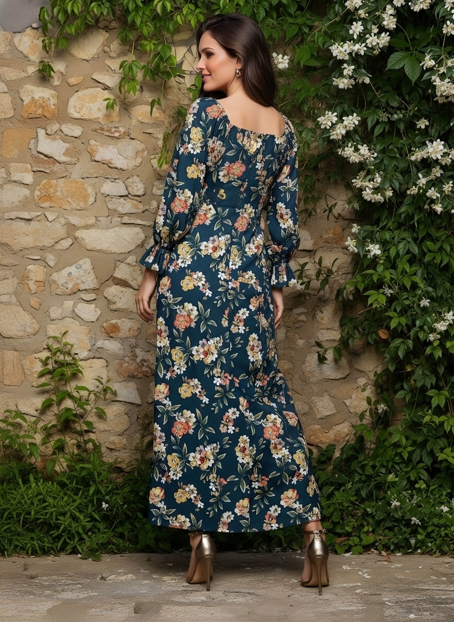 Berrylush Women Green & White Floral Printed Square Neck Front Tie-Up Thigh-High Slit Pleated A-Line Maxi Dress