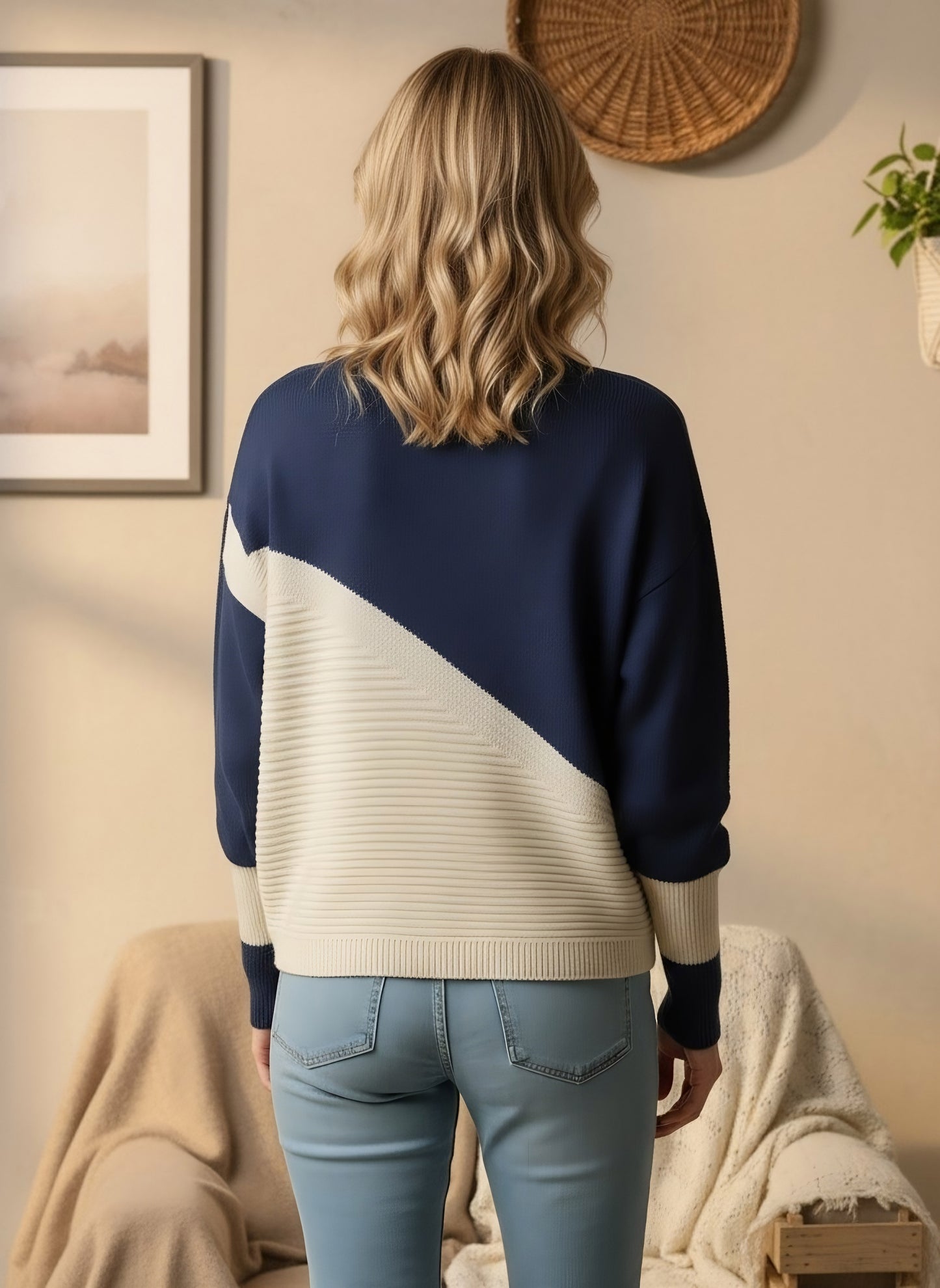 Berrylush Women White & Navy Blue Colourblocked Pattern Round Neck Drop-Shoulder Sleeves Acrylic Ribbed Hem Regular Pullover