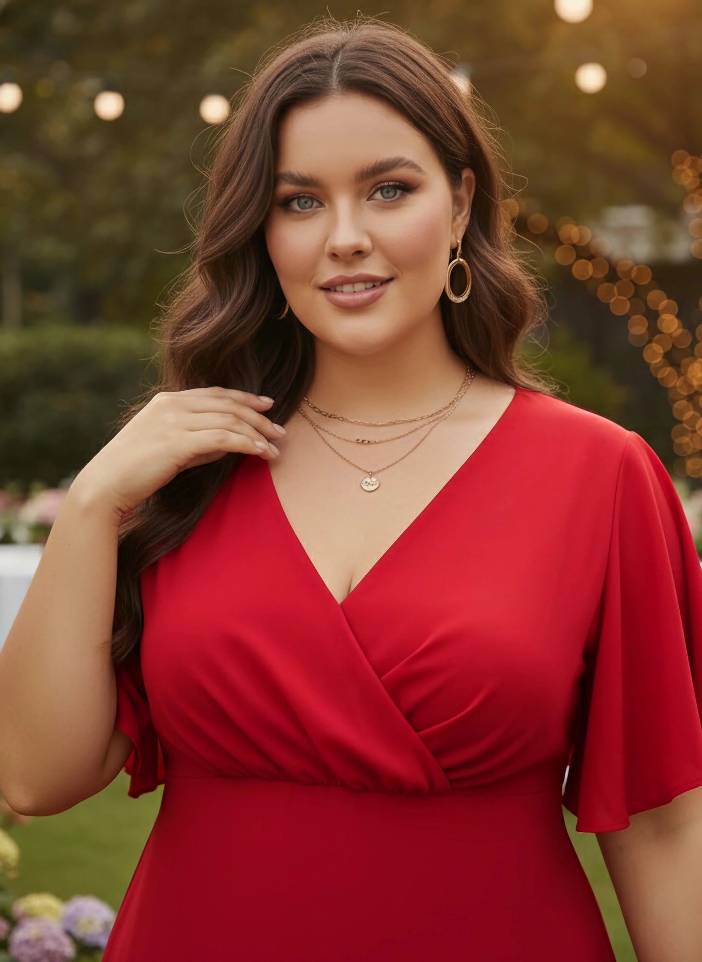 Women Plus Size Solid Red V-Neck Flutter Sleeve Georgette Zipper-Up Flared Wrap Mini Dress - Berrylush Women Plus Size Solid Red V-Neck Flutter Sleeve Georgette Zipper-Up Flared Wrap Mini Dress - Berrylush