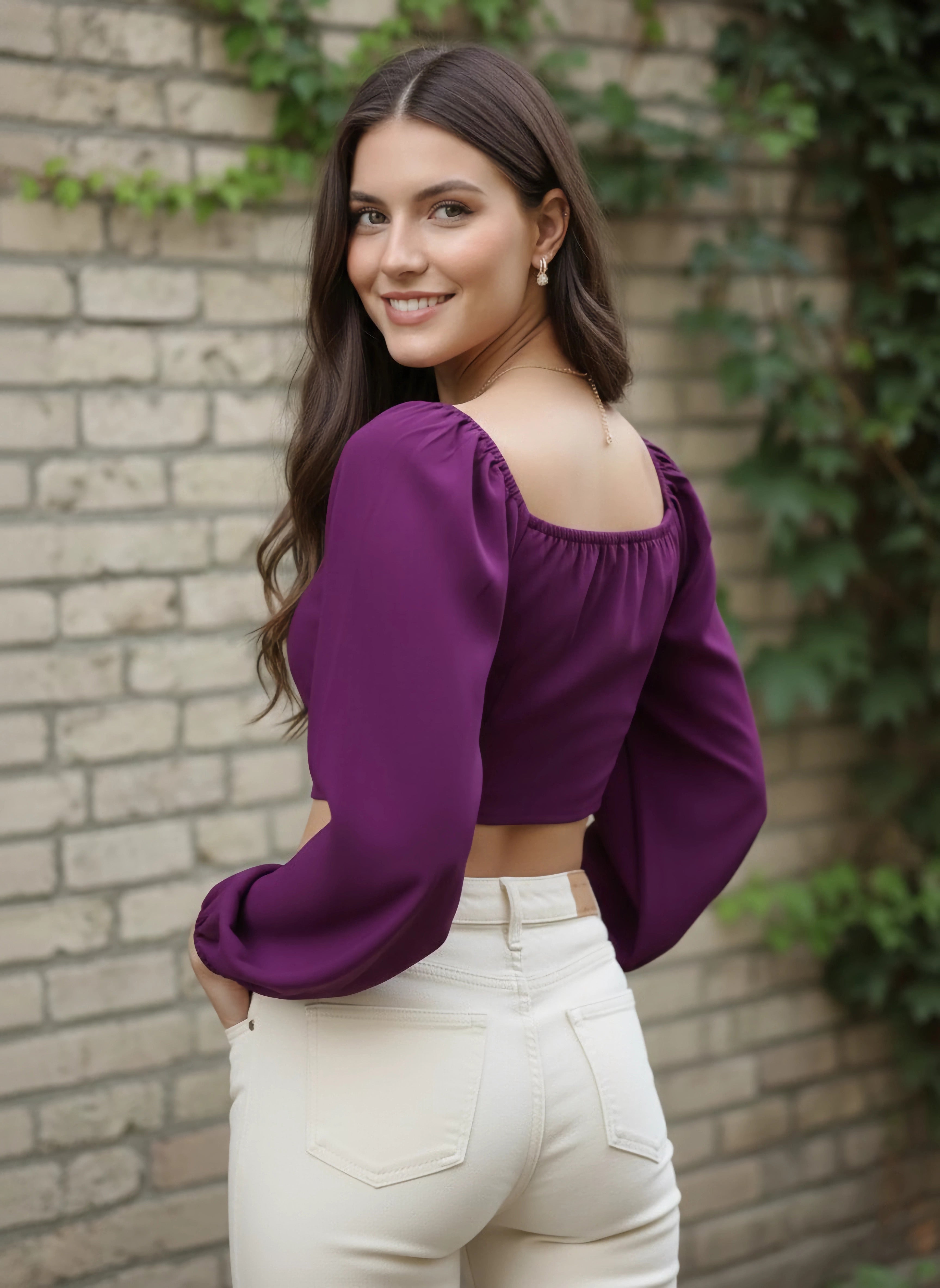 Women Solid Purple V-Neck Front Tie-Up Cropped Top - Berrylush