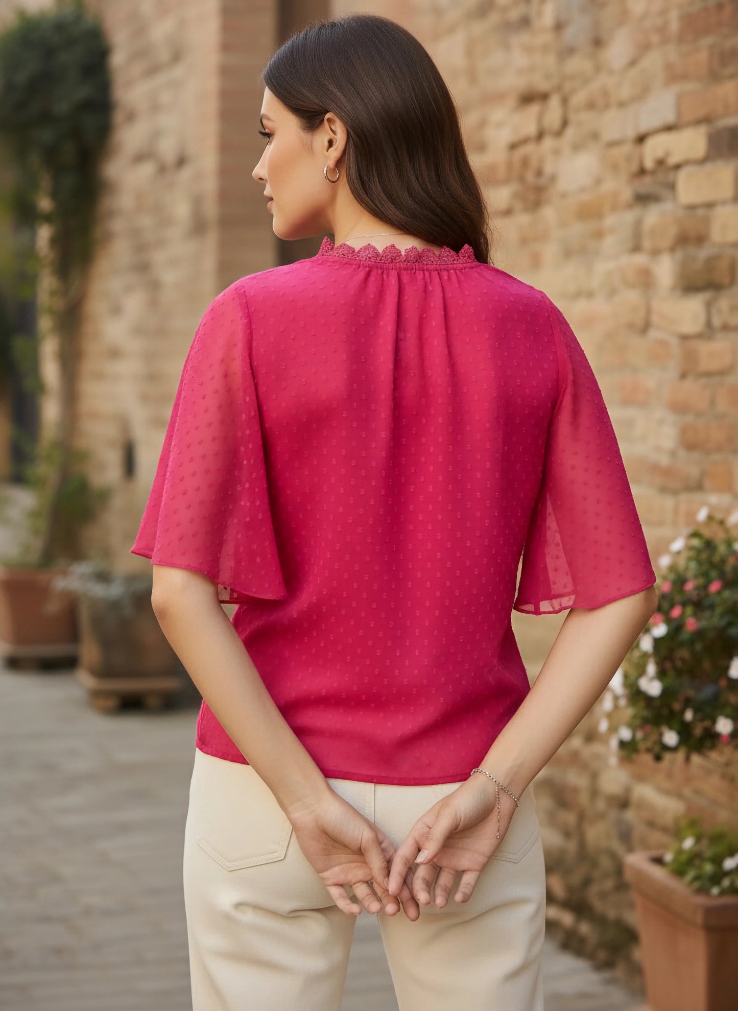 Berrylush Women Solid Pink Dobby Weave V-Neck Flared Sleeves Front Lace Regular Top