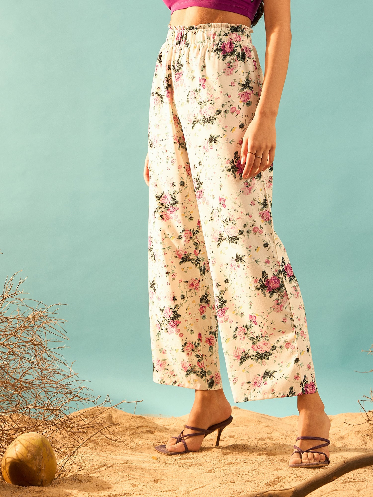 Berrylush Women Floral Print High-Rise Waist Parallel Regular Trouser