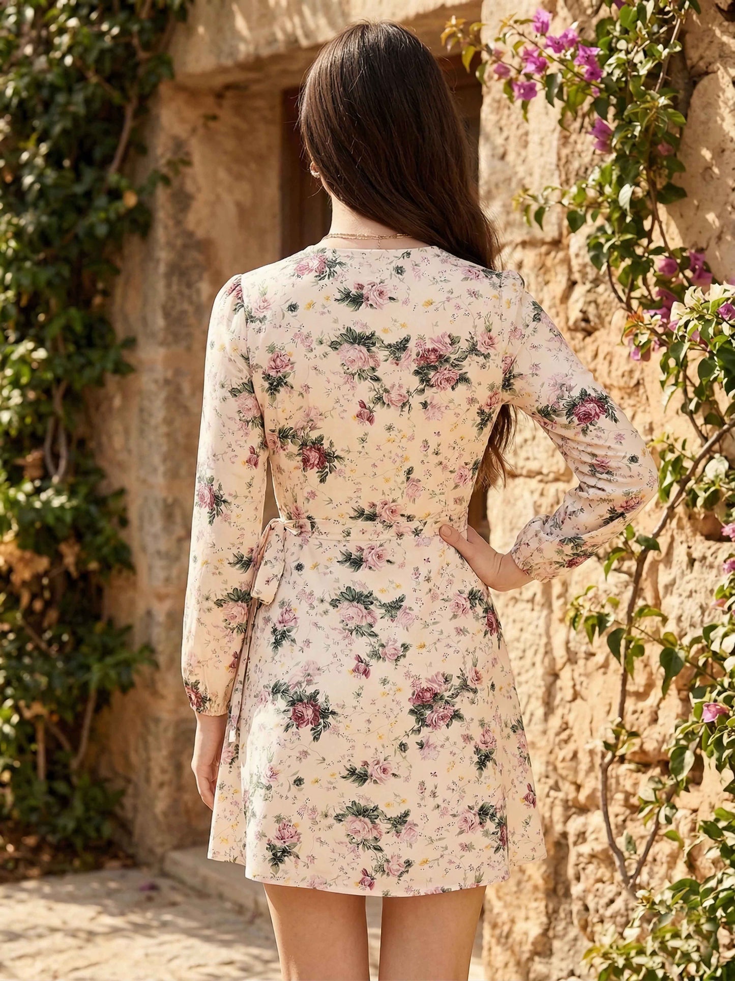 Berrylush Women Beige Floral Printed V-Neck Waist Tie-Up Flared Wrap Mini Dress