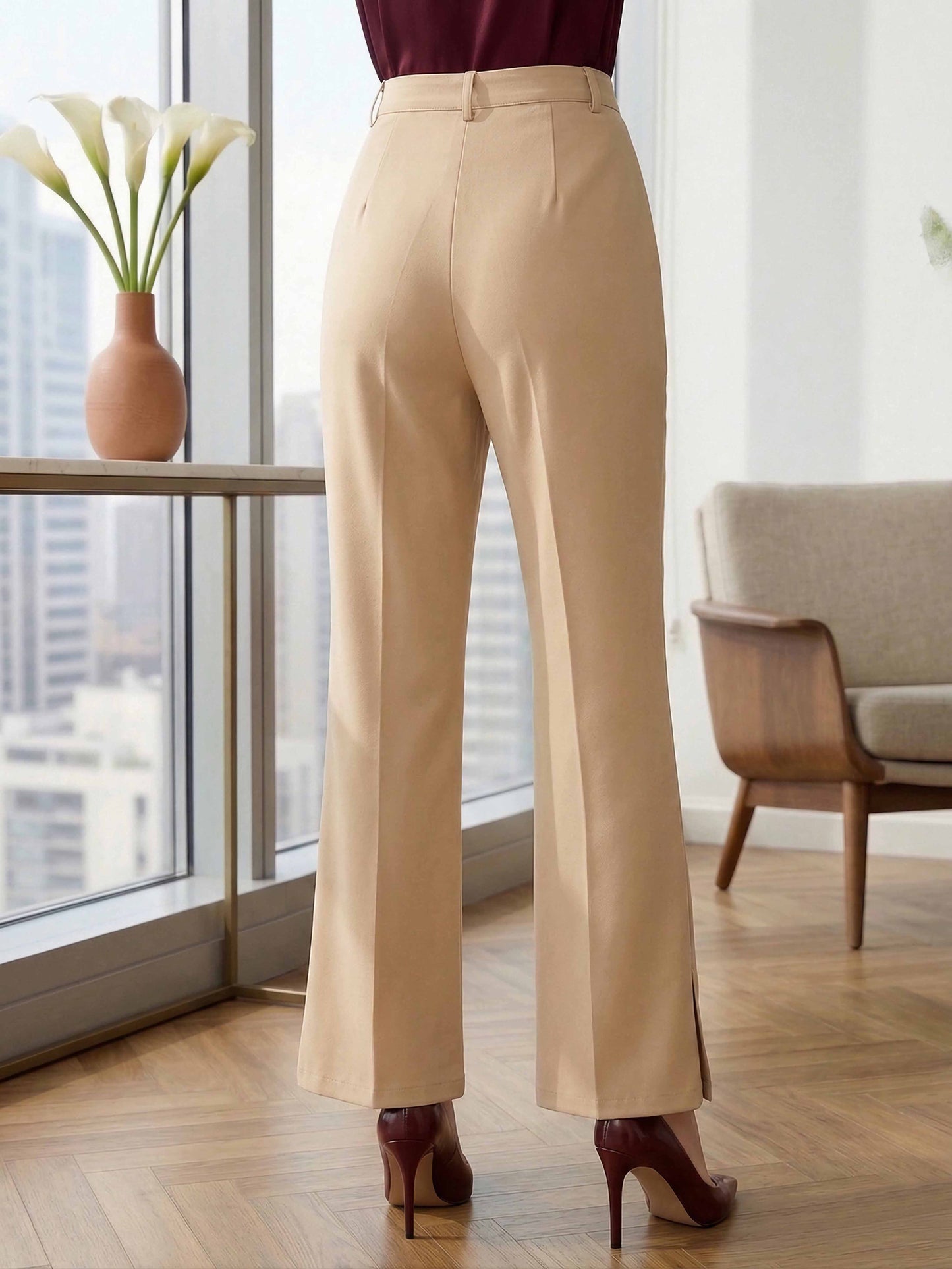 Women Solid Beige High-Rise Waist Straight-Leg Front-Pleat Knitted Regular Trousers - Berrylush BIZwear Women Solid Beige High-Rise Waist Straight-Leg Front-Pleat Knitted Regular Trousers - Berrylush BIZwear