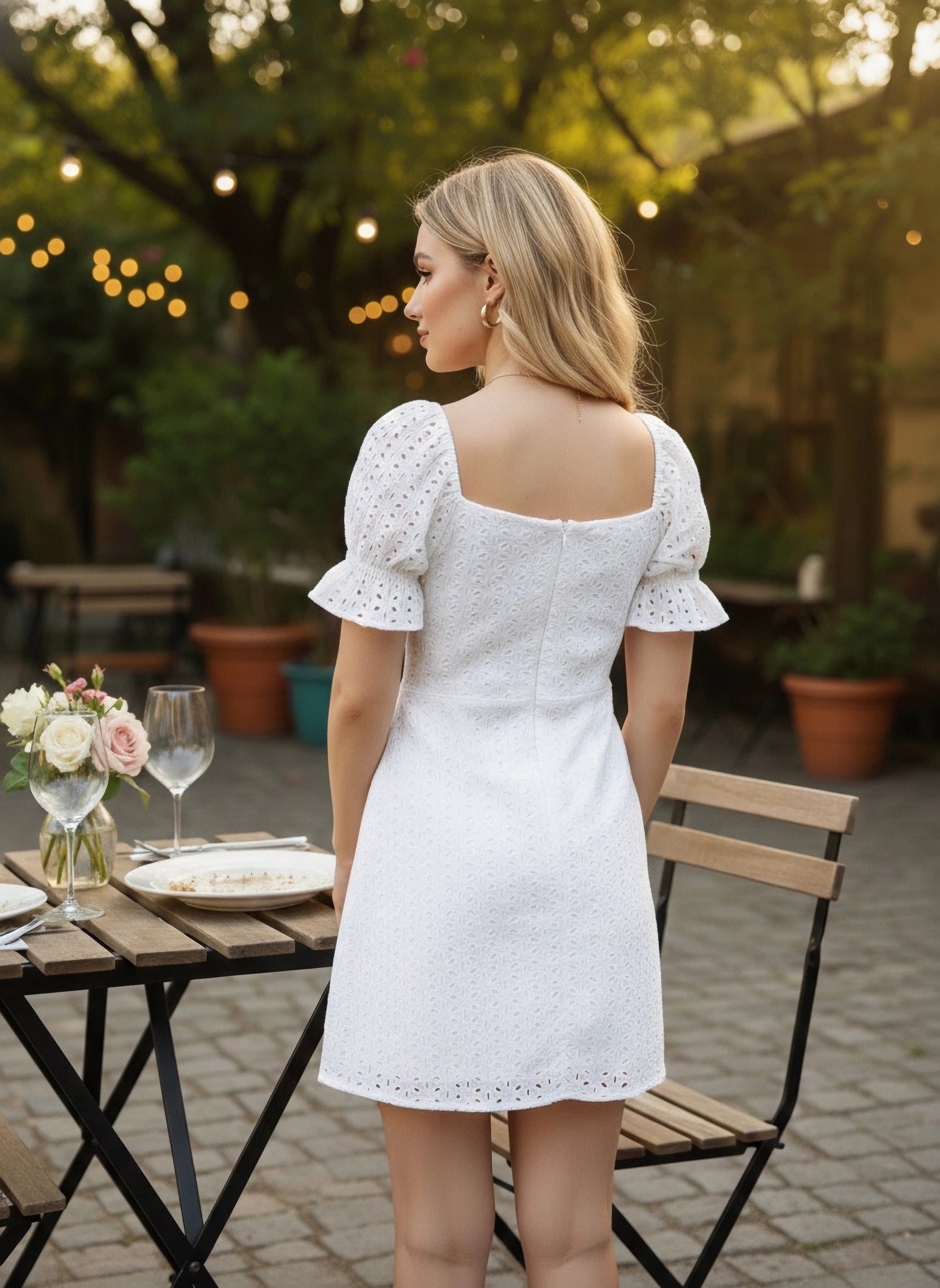 Berrylush Women Solid White Sweetheart Neck Schiffli Cotton Straight Hem Bodycon Mini Dress