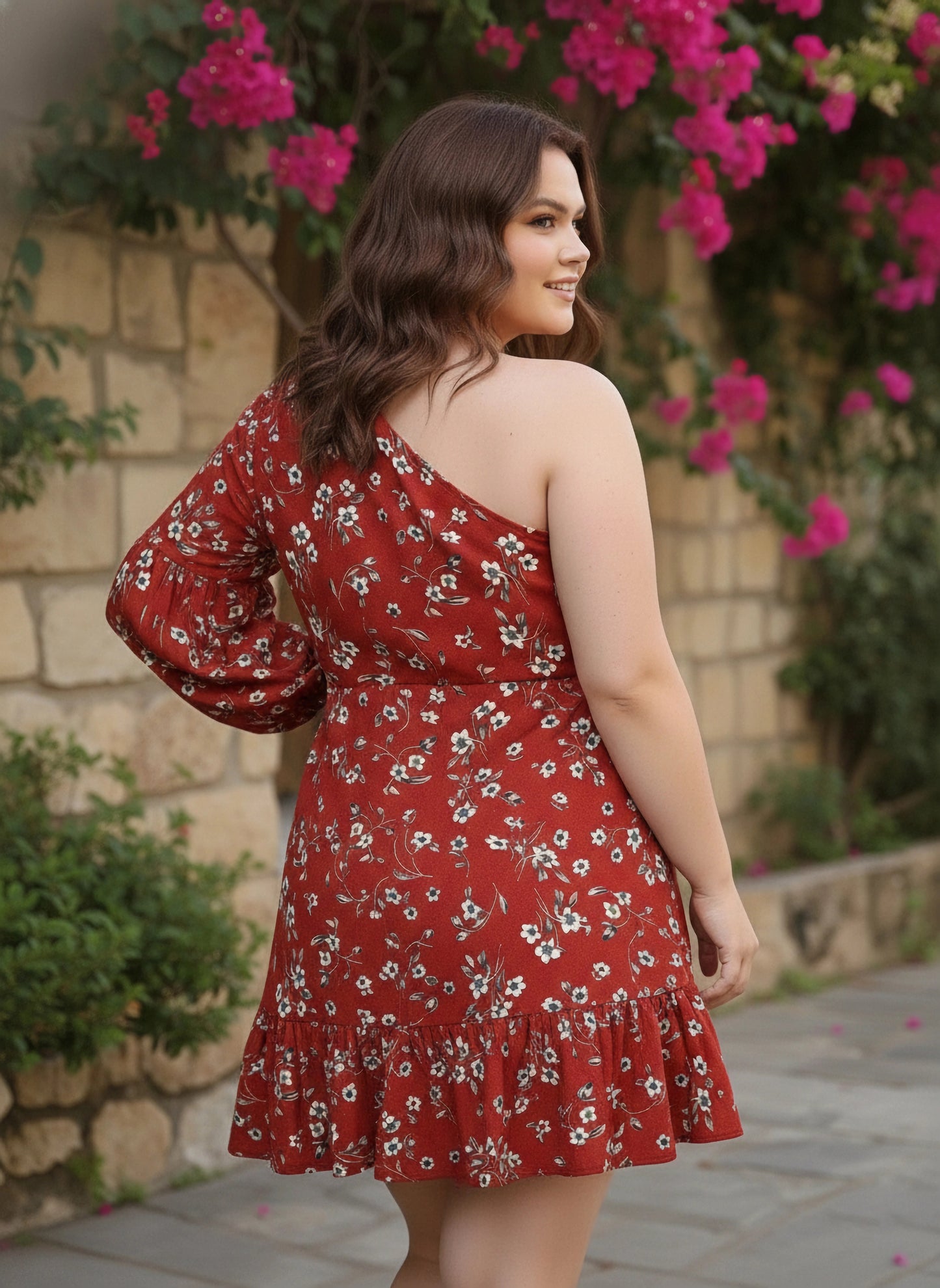 Berrylush Women Plus Size Red Floral Printed One-Shoulder Neck Tulip Hem Pleated A-Line Mini Dress