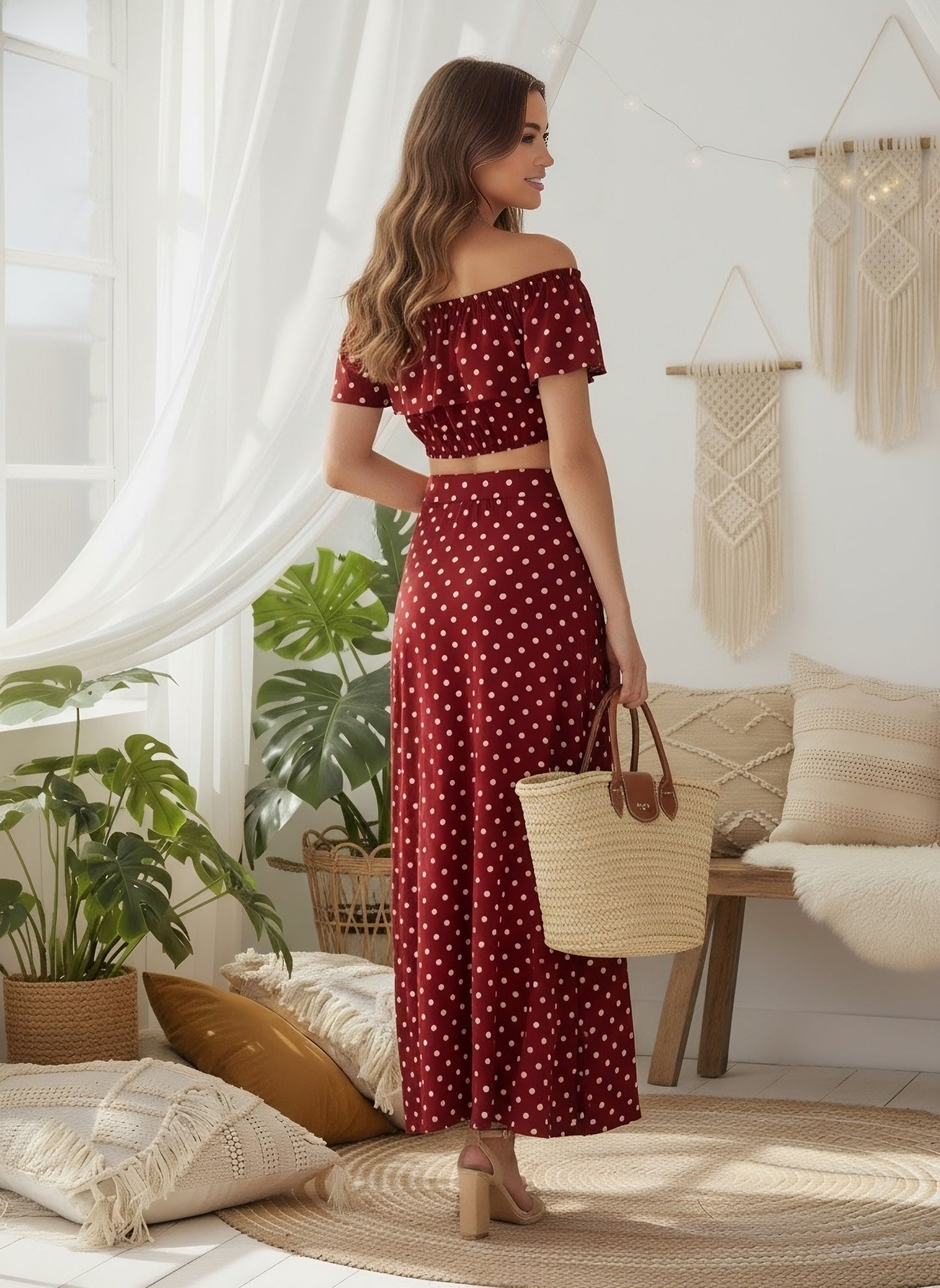 Berrylush Women Red Polka Dot Printed Off-Shoulder Co-Ord Maxi Dress