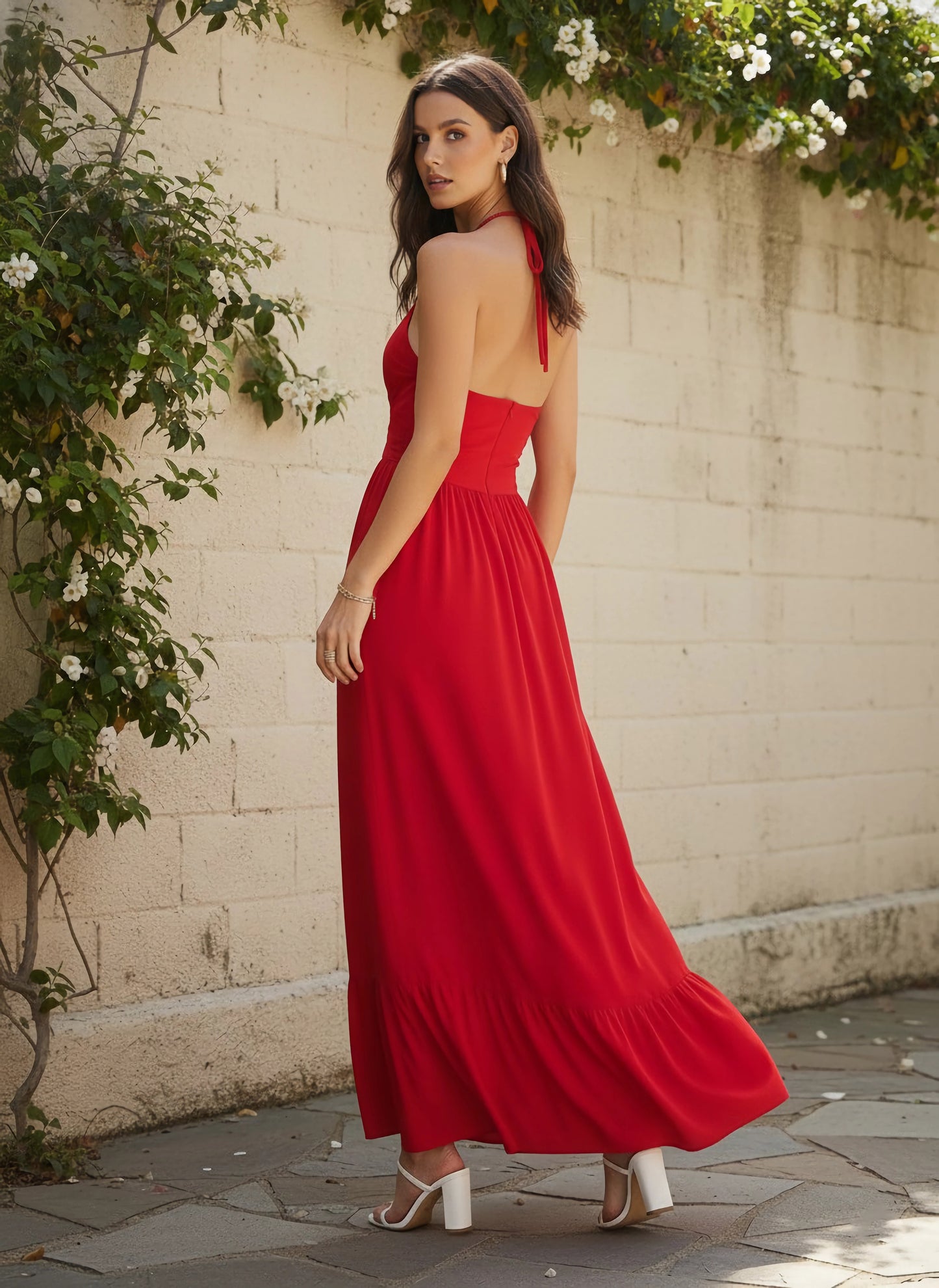 Berrylush Women Red Solid Halter Neck Tie Backless Maxi Dress