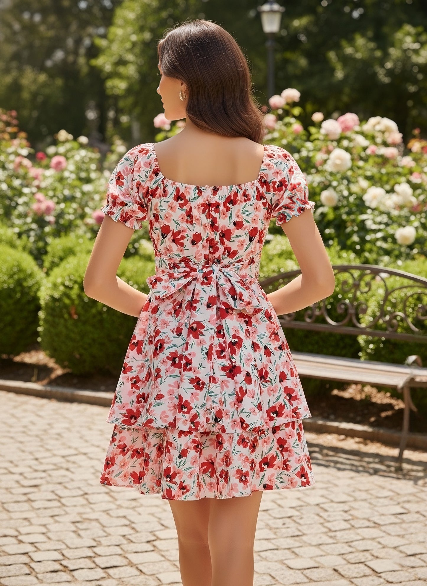 Berrylush Women White & Red Floral Printed Square Neck Puff Sleeves Back Tie-Up Layered Fit & Flare Mini Dress