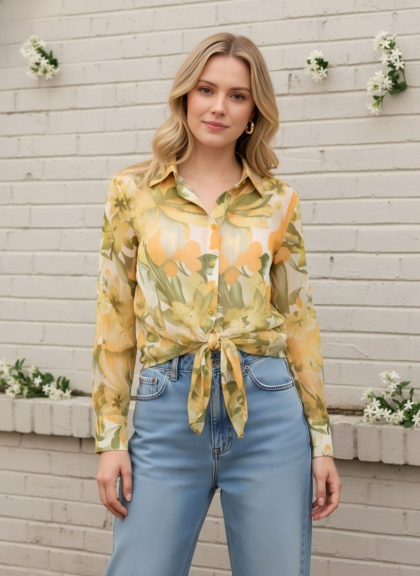 Berrylush Women Yellow Floral Print Spread Collar Long Sleeve Regular Shirts