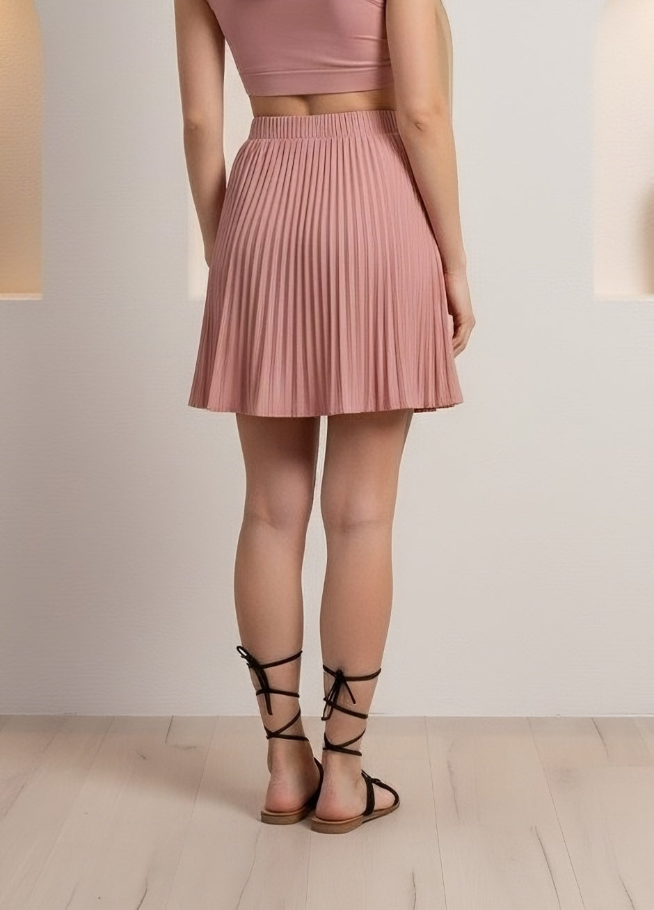 Berrylush Women Solid Light Pink High-Rise Elastic Waist Slip-On Pleated Midi Skirt