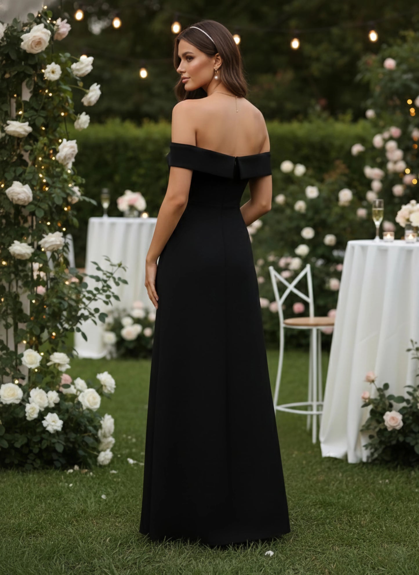 Berrylush Women Solid Black Off-Shoulder Neck Crepe Thigh-High Slit Flared A-Line Maxi Dress