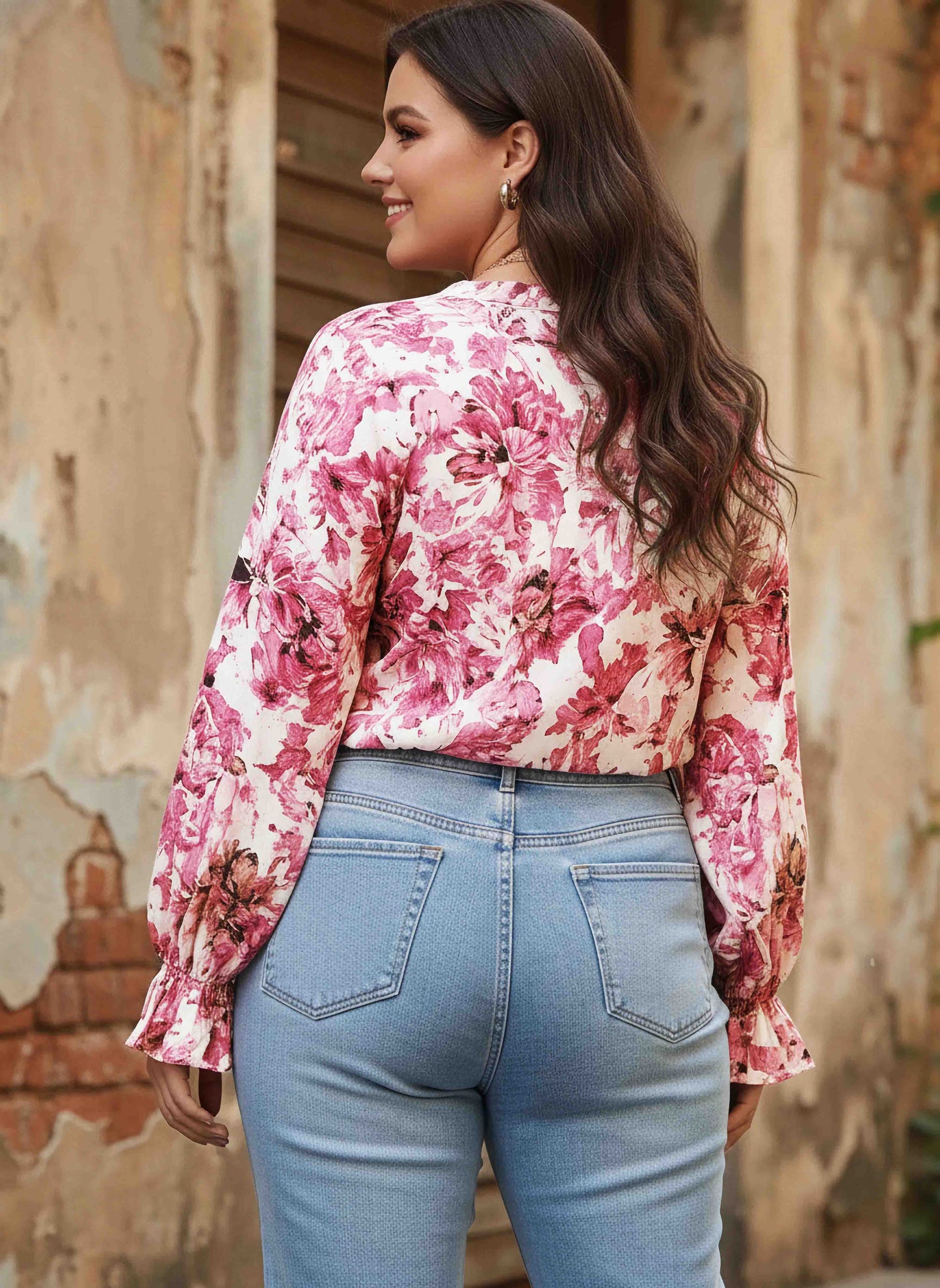 Berrylush Women Plus Size Pink & White Floral Printed V-Neck Button-Up Georgette Ruffled Regular Top