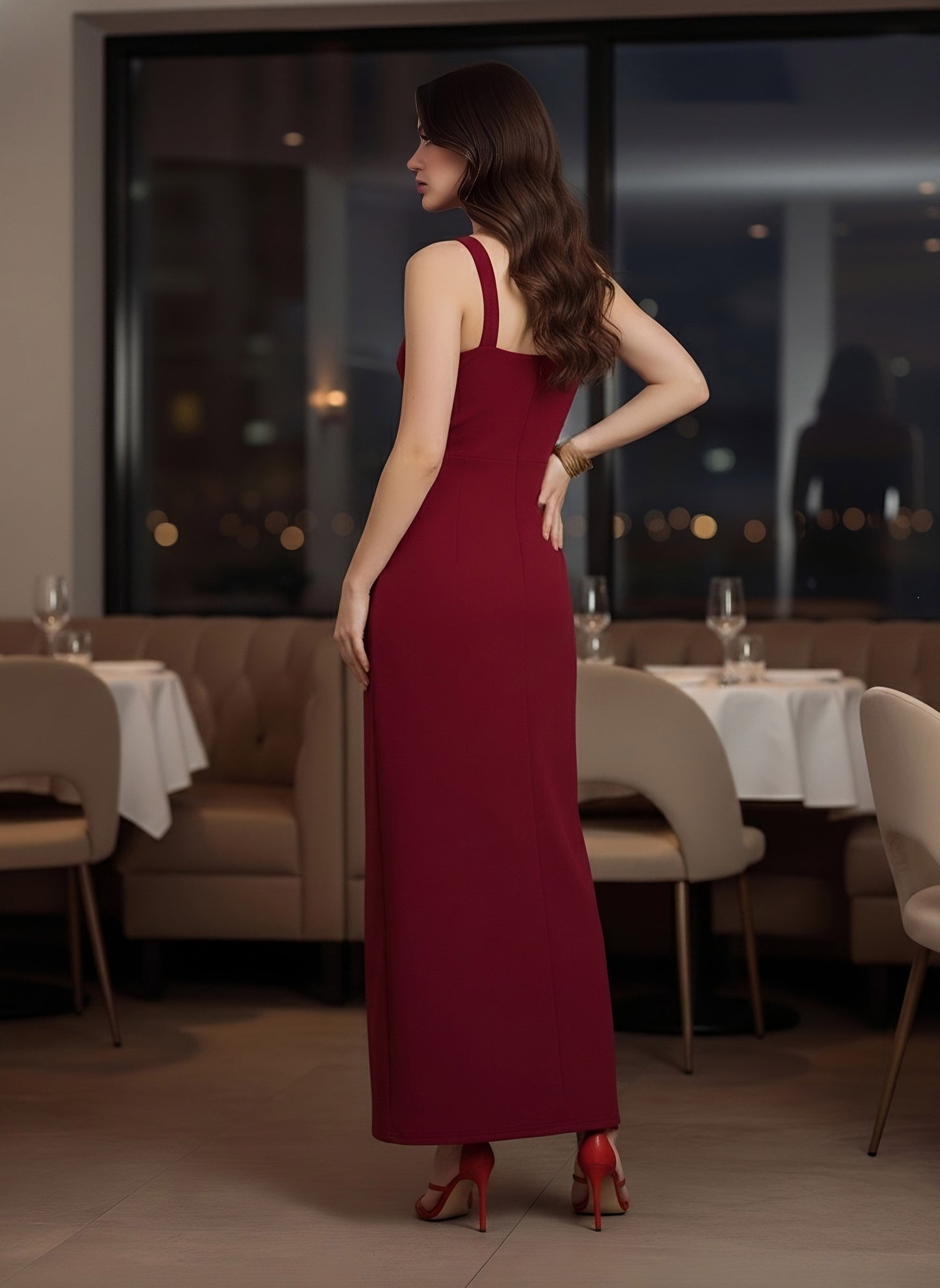 Berrylush Women Solid Red Square Neck Sleeveless Thigh-High Slit Straight Hem Knitted Maxi Dress