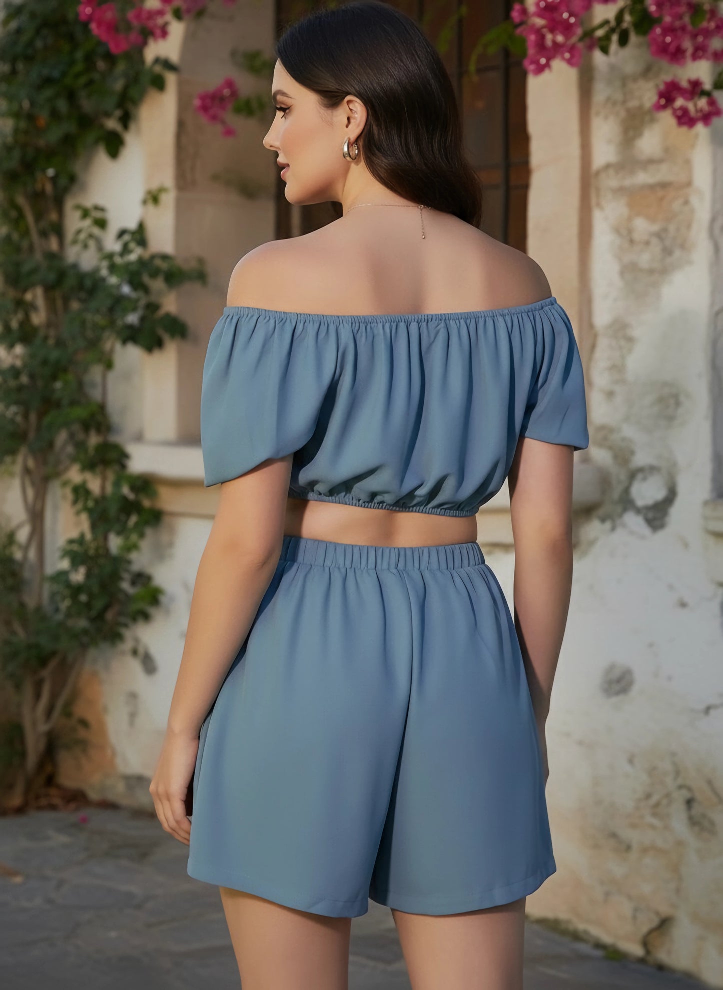 Solid Blue Off-Shoulder Neck Short Sleeves Cropped Top & High-Rise Mini Shorts Co-Ord Set