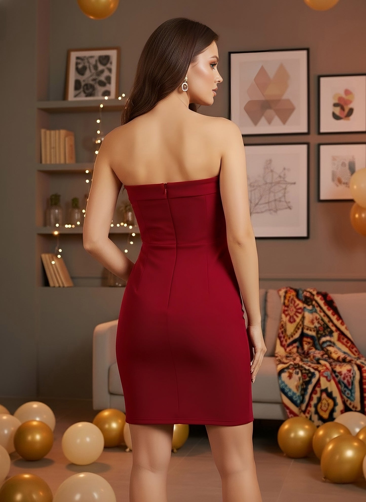 Berrylush Women Solid Red Strapless Neck Sleeveless Backless Side-Slit Straight Hem Knitted Bodycon Mini Dress