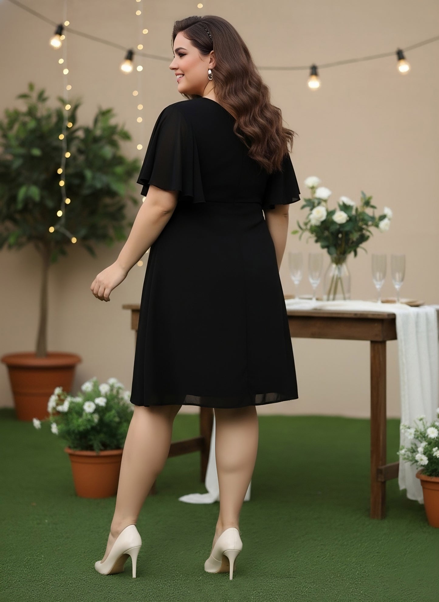 Berrylush Women Plus Size Solid Black V-Neck Flutter Sleeves Georgette Zipper-Up Flared Wrap Mini Dress