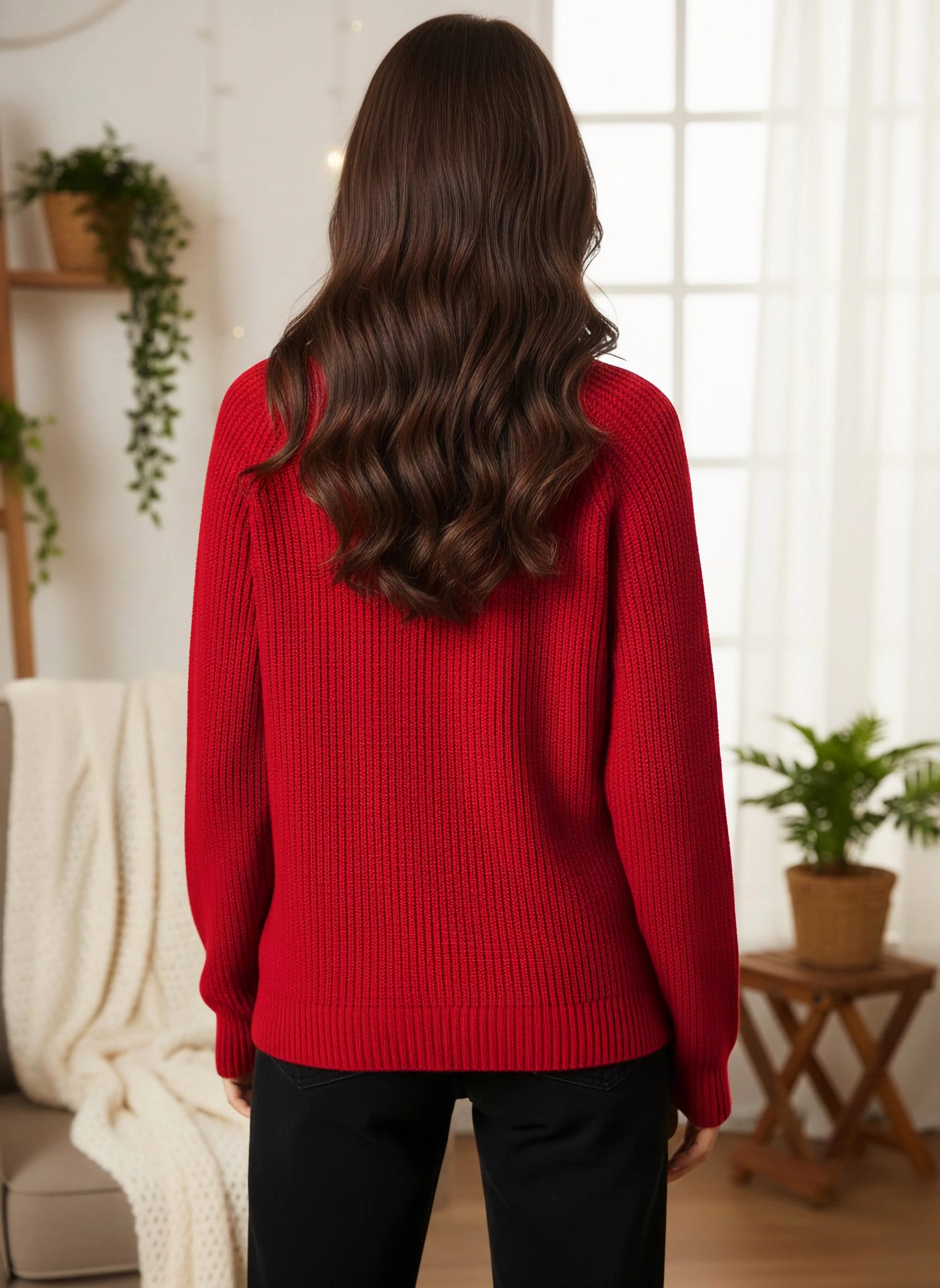 Berrylush Women Solid Red Round Neck Raglan Sleeve Acrylic Curved Hem Longline Pullover