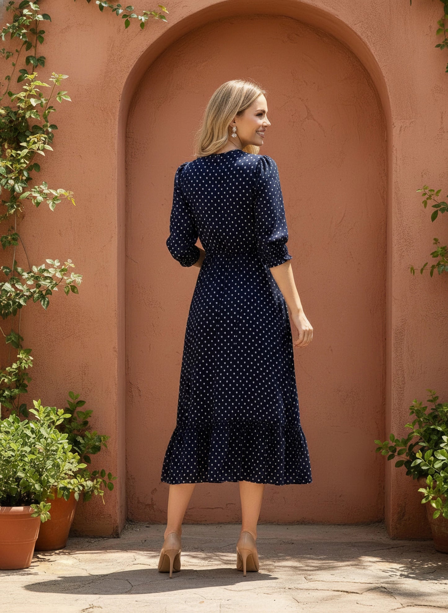 Berrylush Women Navy Blue & White Polka Dot Printed Mandarin Collar Neck Crepe Pleated Fit & Flare Midi Dress
