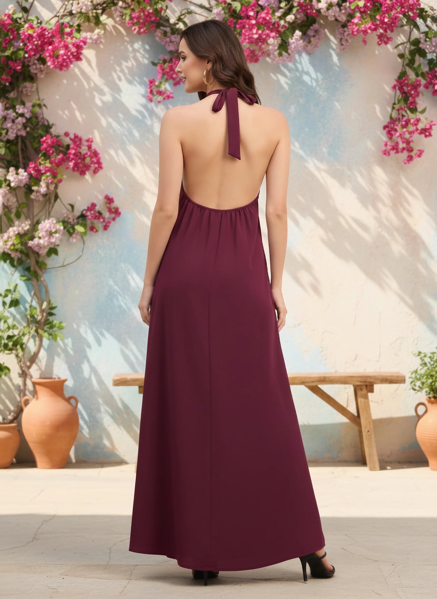 Berrylush Women Solid Maroon Halter Neck Sleeveless Backless Tie-Up Asymmetrical Hem Longline Top & Slip-On Straight Hem Maxi Palazzo Co-Ord Set