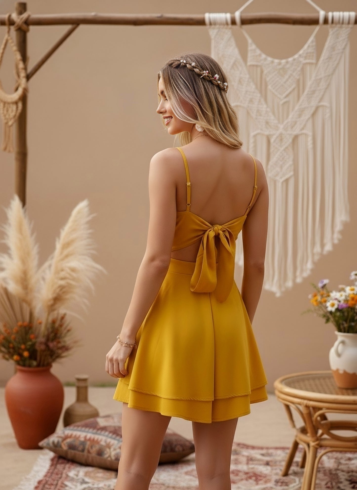 Berrylush Women Yellow Solid Shoulder Straps Layered Mini Playsuit