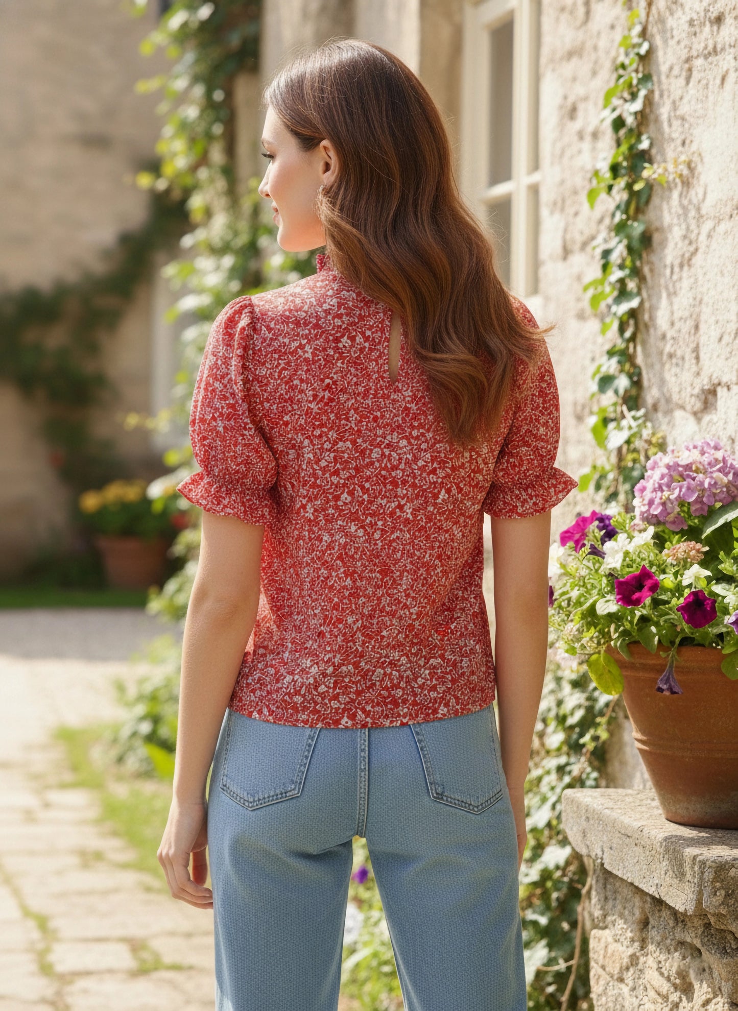 Berrylush Women Red & White Floral Printed High Neck Keyhole Back Pleated Regular Top