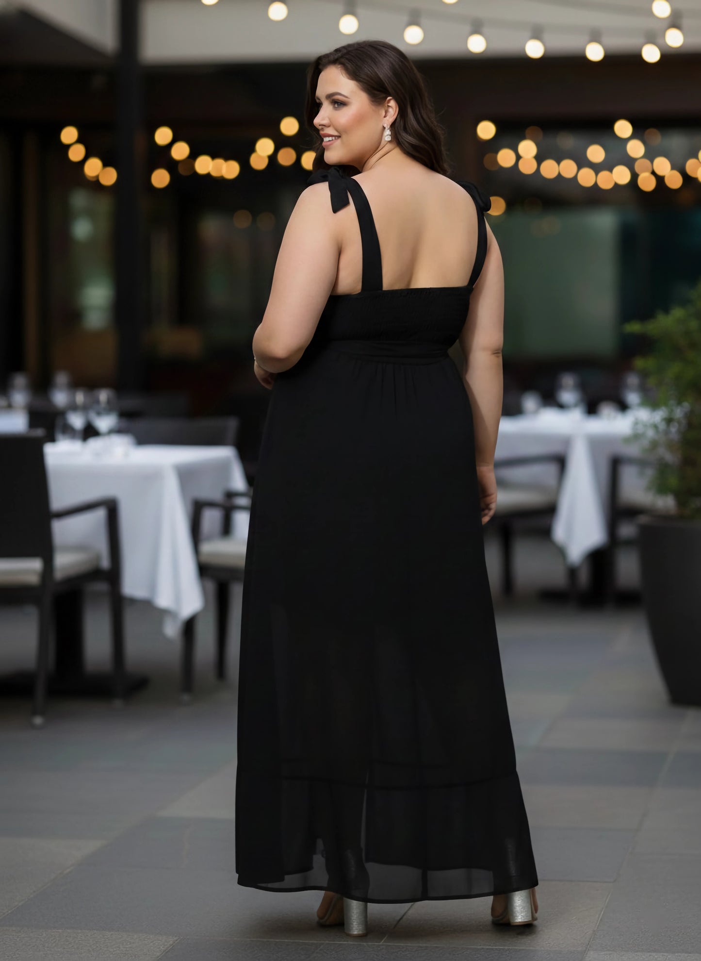 Berrylush Women Plus Size Solid Black Square Neck Waist Tie-Up Georgette Thigh-High Slit Flared A-Line Maxi Dress