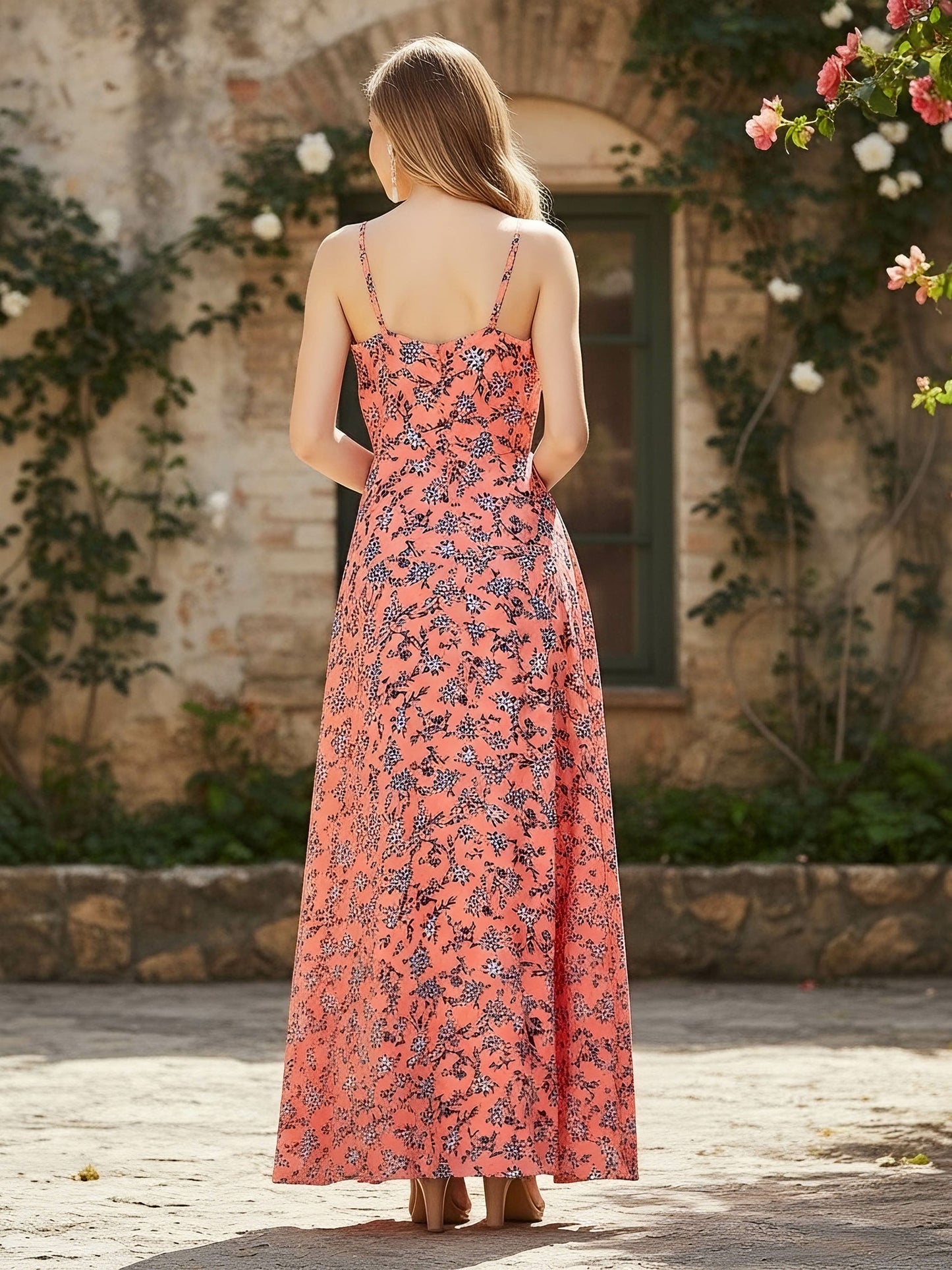 Berrylush Women Orange Floral Printed V-Neck Thigh-High Slit Maxi Dress