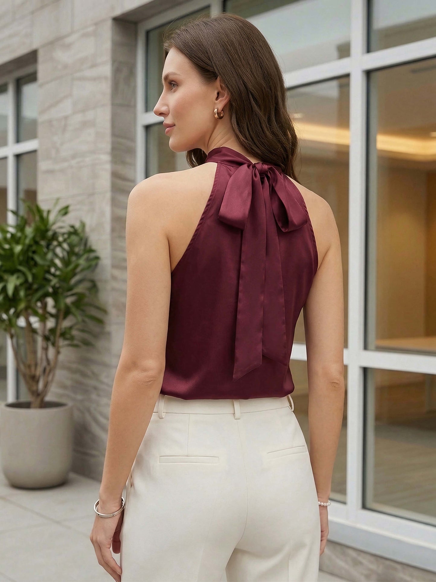 BIZwear Solid Maroon Halter Neck Sleeveless Satin Tie-Up Back Regular Top