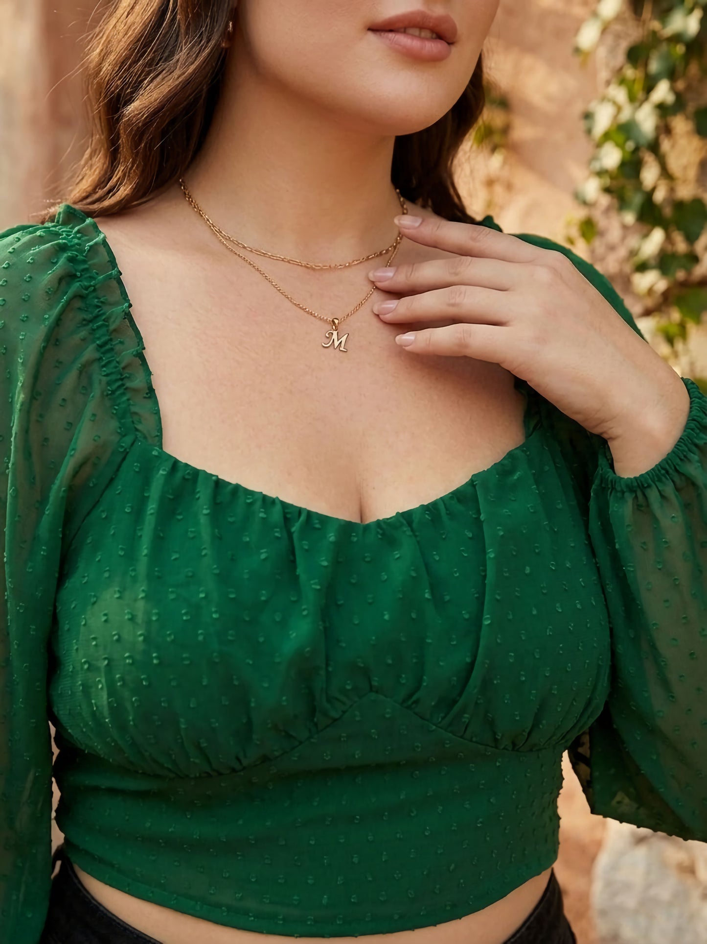 Plus Size Solid Green Dobby Weave Sweetheart Neck Puff Sleeve Georgette Smocked Crop Top