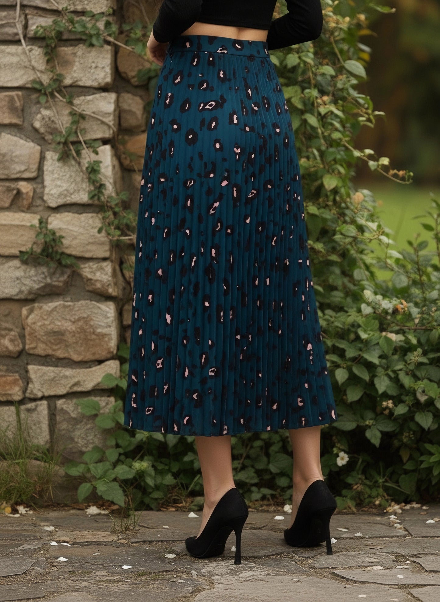 Blue & Orange Animal Printed Elastic Waist Slip-On Accordion Pleated A-Line Midi Skirt