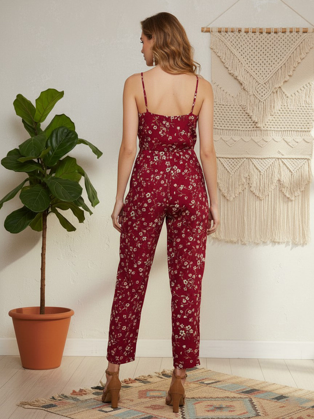 Berrylush Women Red & White Floral Printed V-Neck Sleeveless Back Zipper-Up Straight Hem Wrap Maxi Jumpsuit