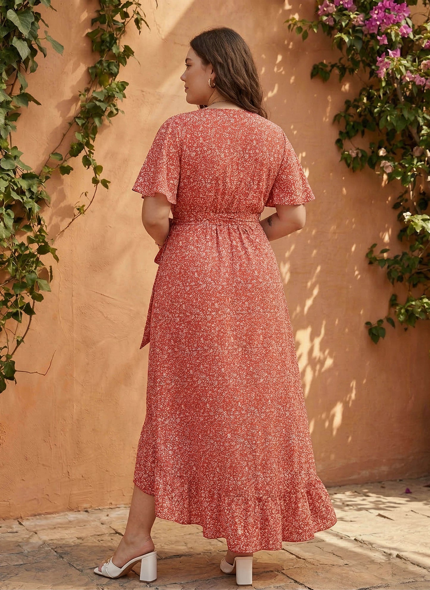 Berrylush Women Plus Size Coral Orange & White Floral Printed V-Neck Waist Tie-Up Crepe Flounce Hem Wrap Maxi Dress