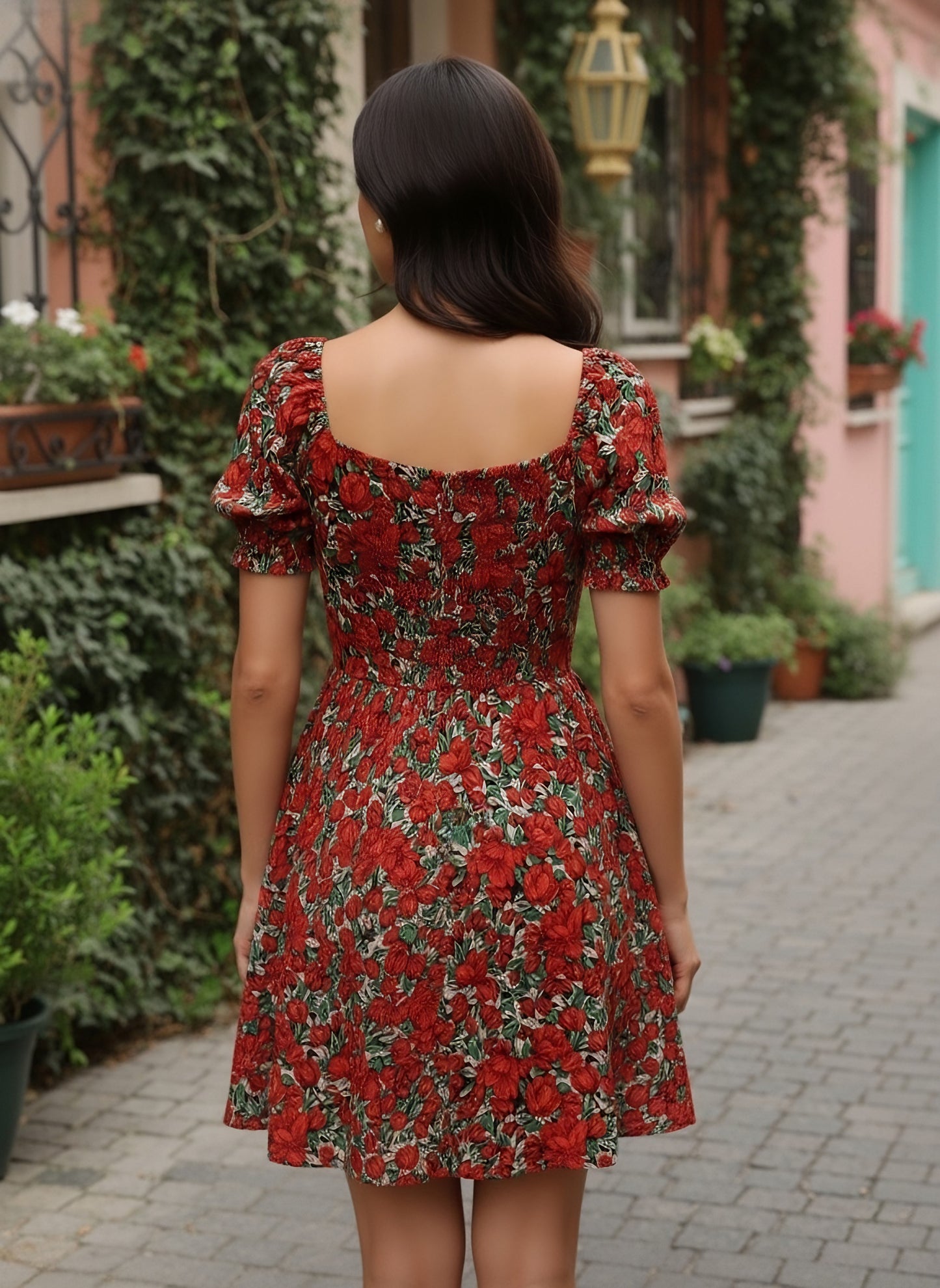 Berrylush Women Red Floral Printed Sweetheart Neck Fit & Flare Mini Dress