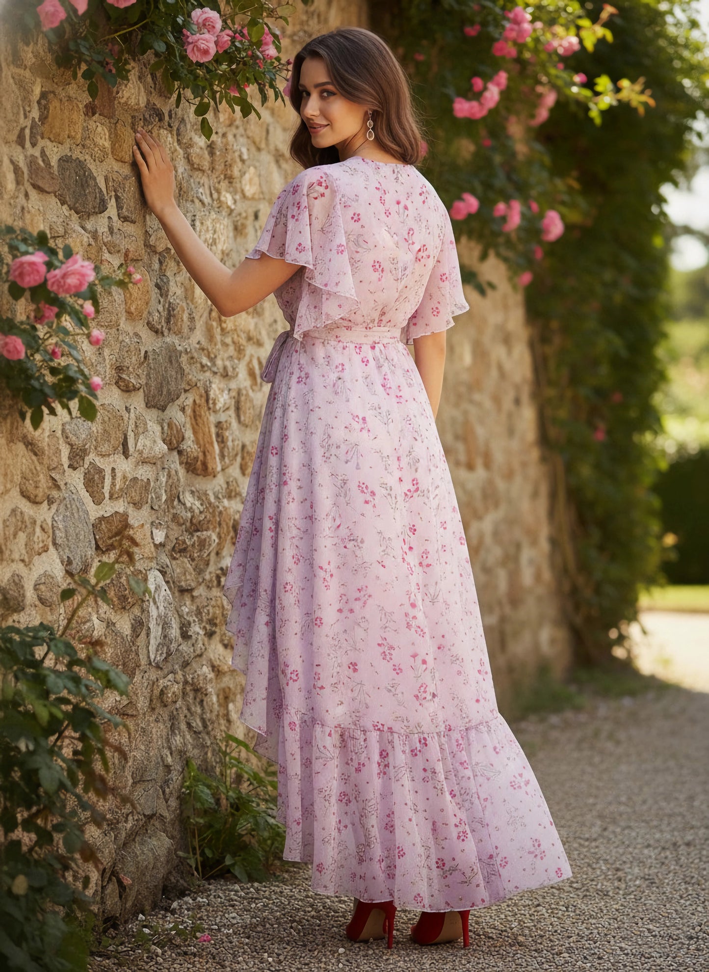 Berrylush Women Purple & Pink Floral Printed V-Neck Waist Tie-Up Crepe High-Low Hem Pleated Maxi Dress